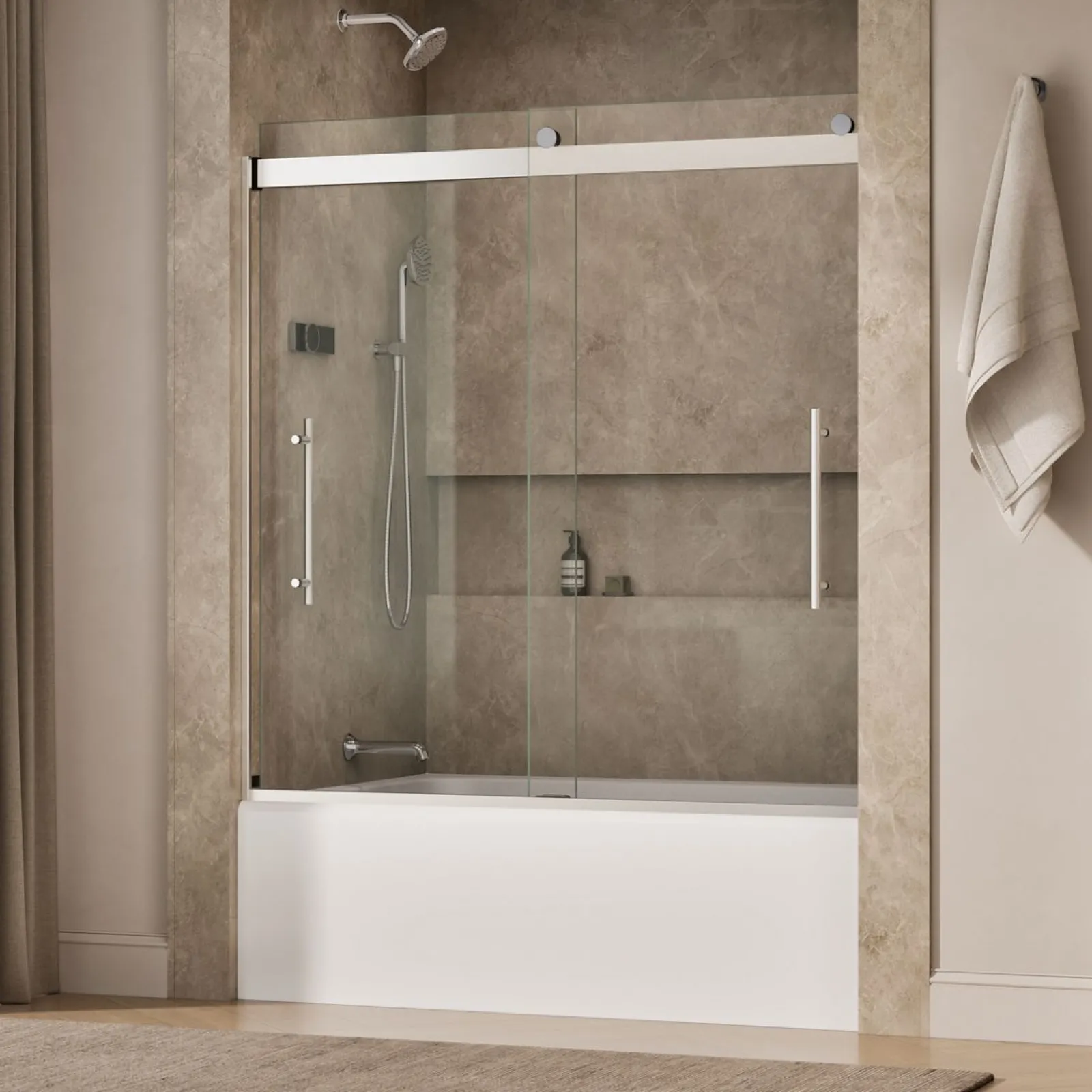 56-5/8"-59-5/8" W x 61.53" H bypass bath door with 5/16"-thick Crystal Clear glass^Kohler Hot