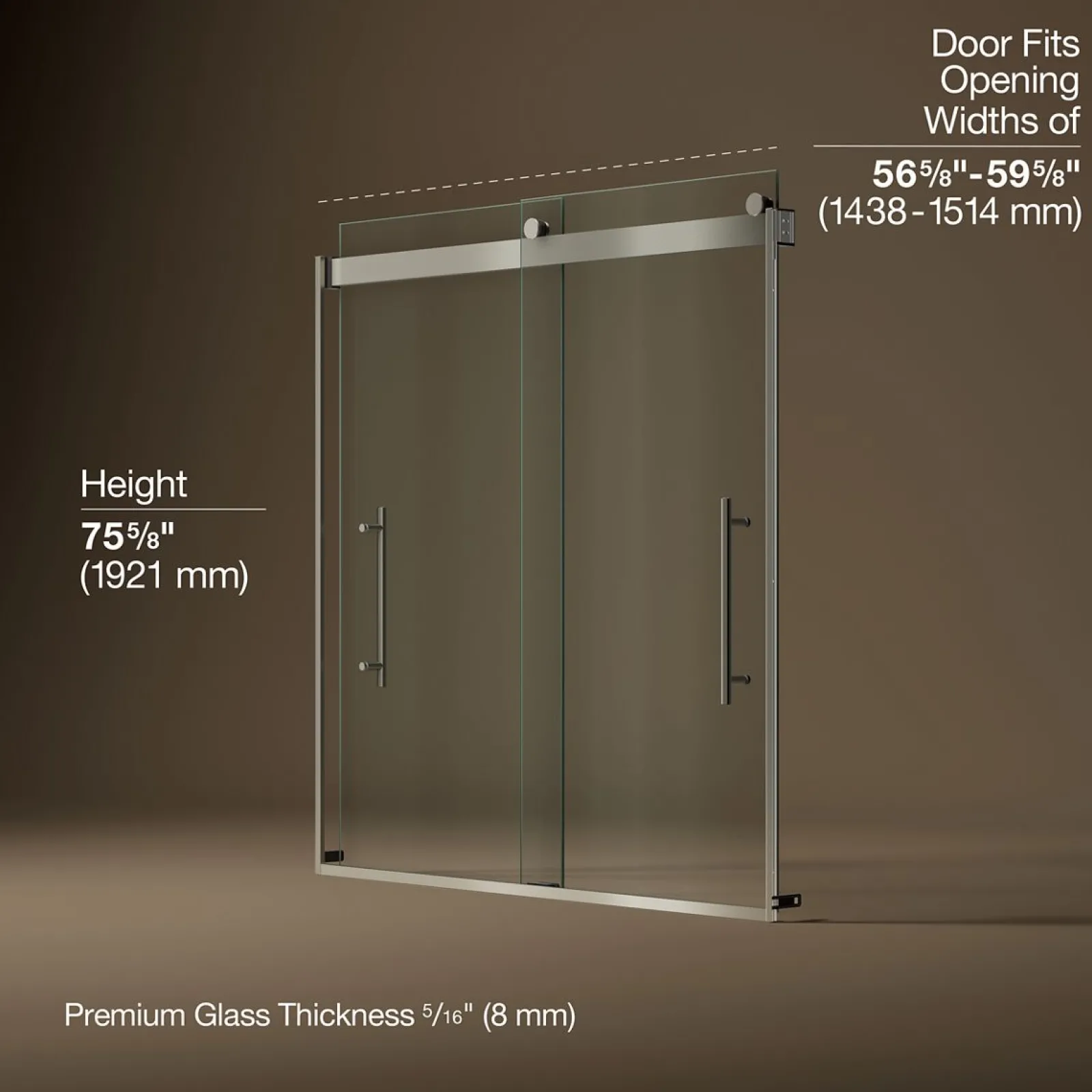 56-5/8"-59-5/8" W x 61.53" H bypass bath door with 5/16"-thick Crystal Clear glass^Kohler Hot