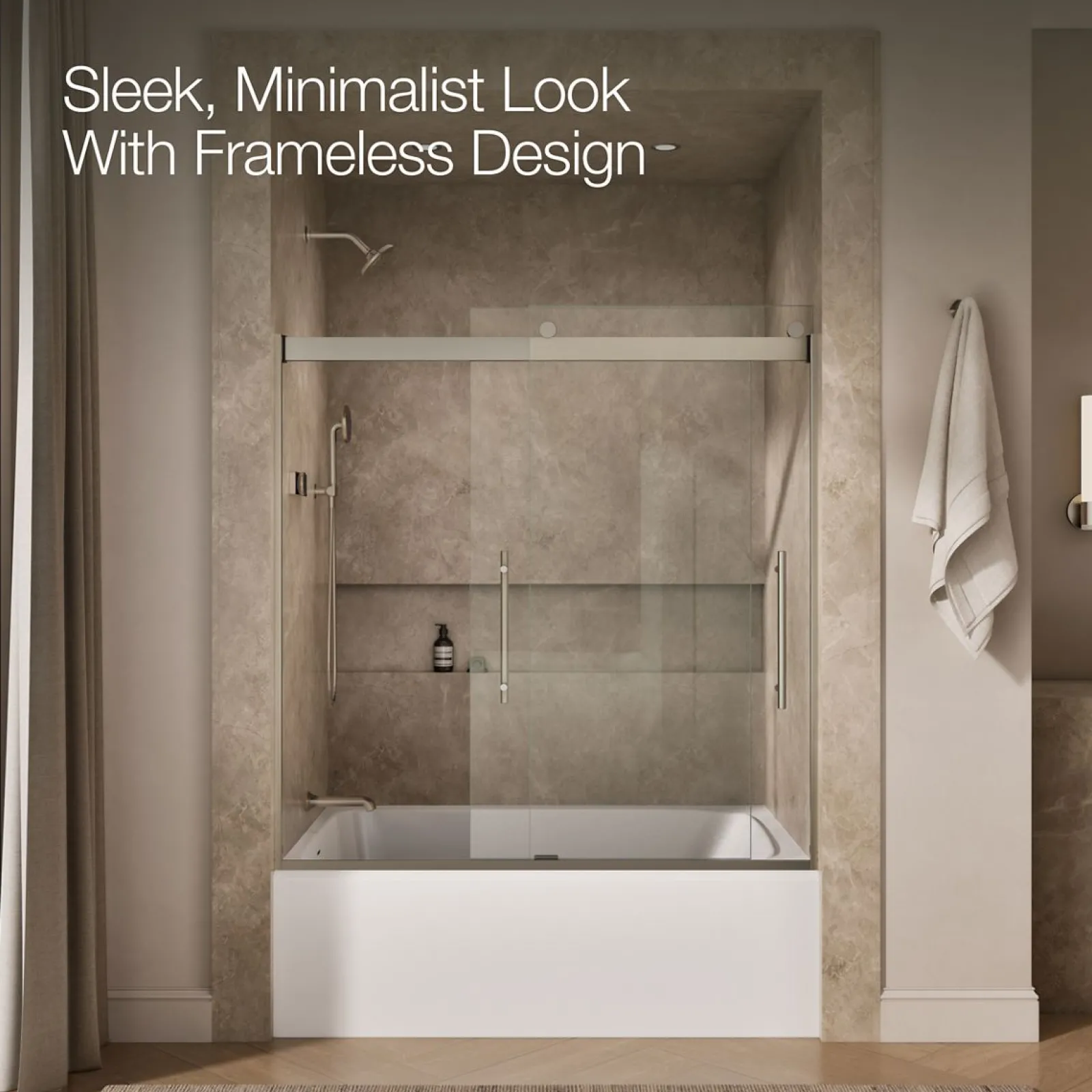 56-5/8"-59-5/8" W x 61.53" H bypass bath door with 3/8"-thick Crystal Clear glass^Kohler Best