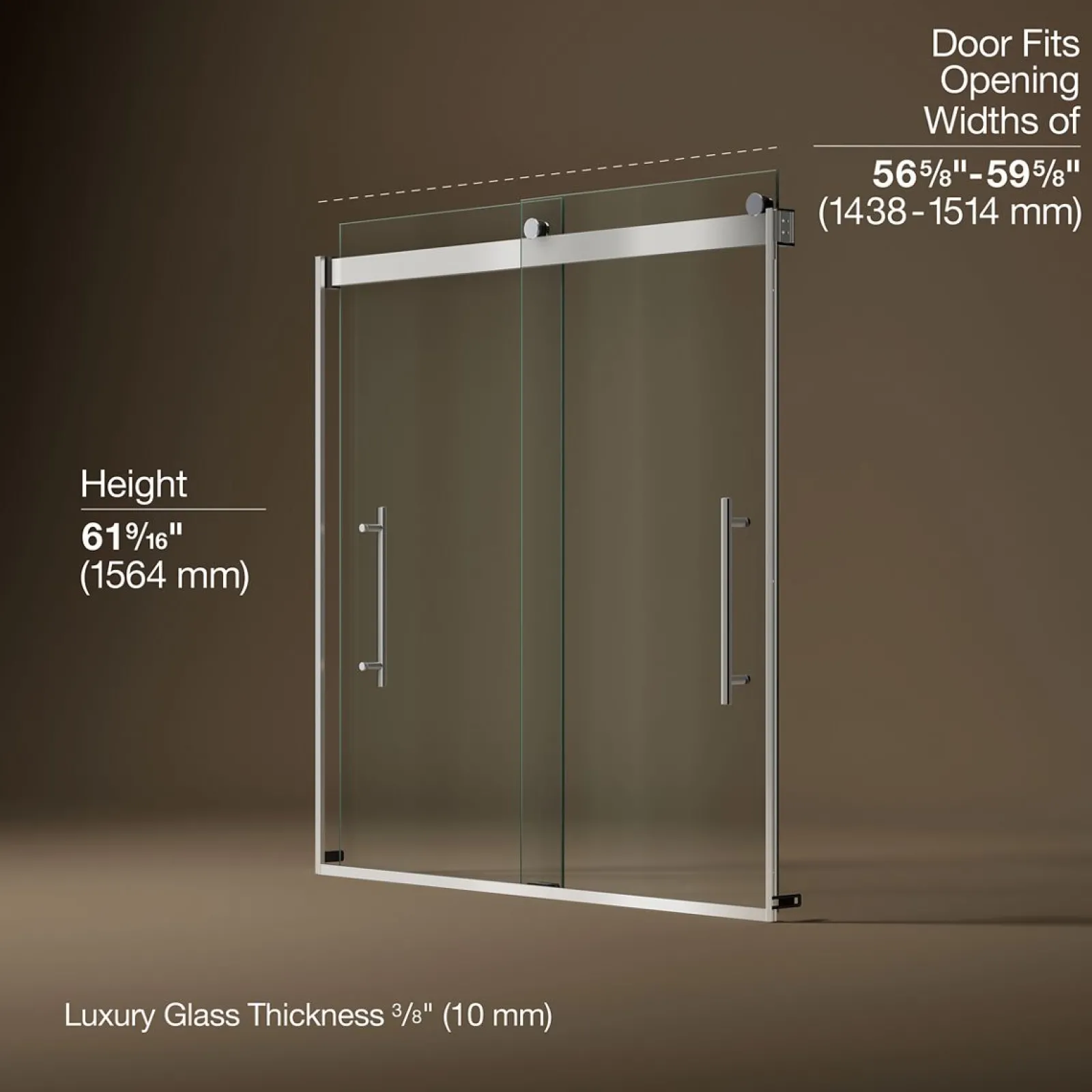 56-5/8"-59-5/8" W x 61.53" H bypass bath door with 3/8"-thick Crystal Clear glass^Kohler Best