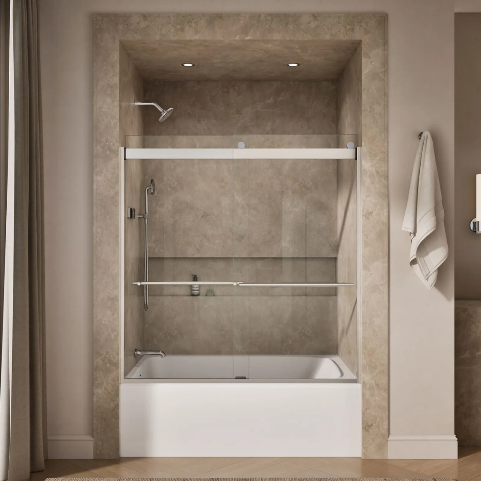 56-5/8"-59-5/8" W x 61.53" H bypass bath door with 5/16"-thick Crystal Clear glass^Kohler Best