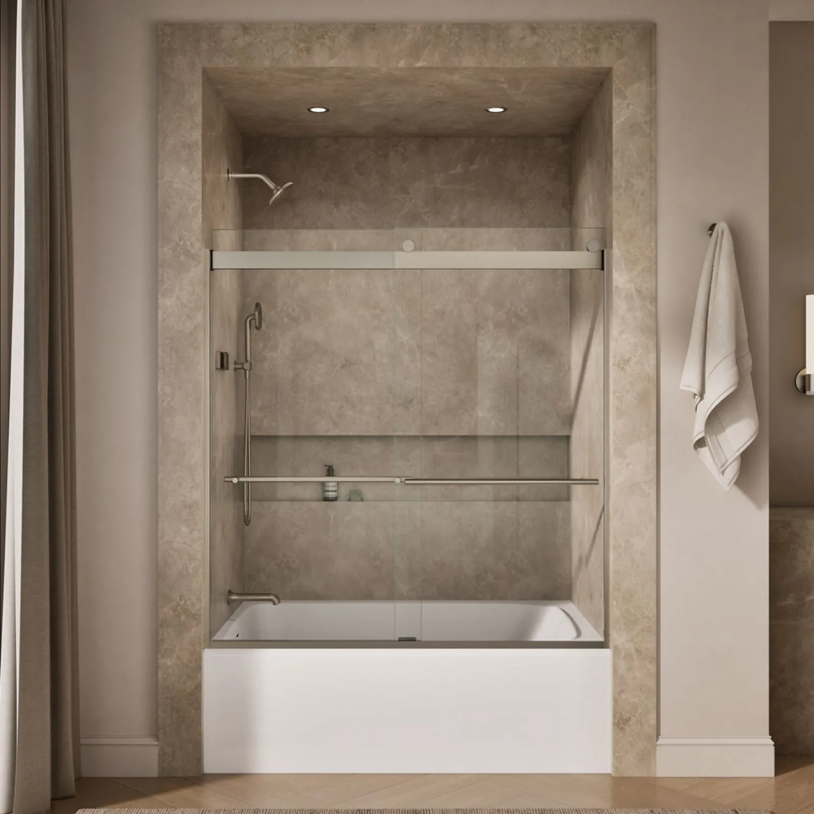 56-5/8"-59-5/8" W x 61.53" H bypass bath door with 5/16"-thick Crystal Clear glass^Kohler Best