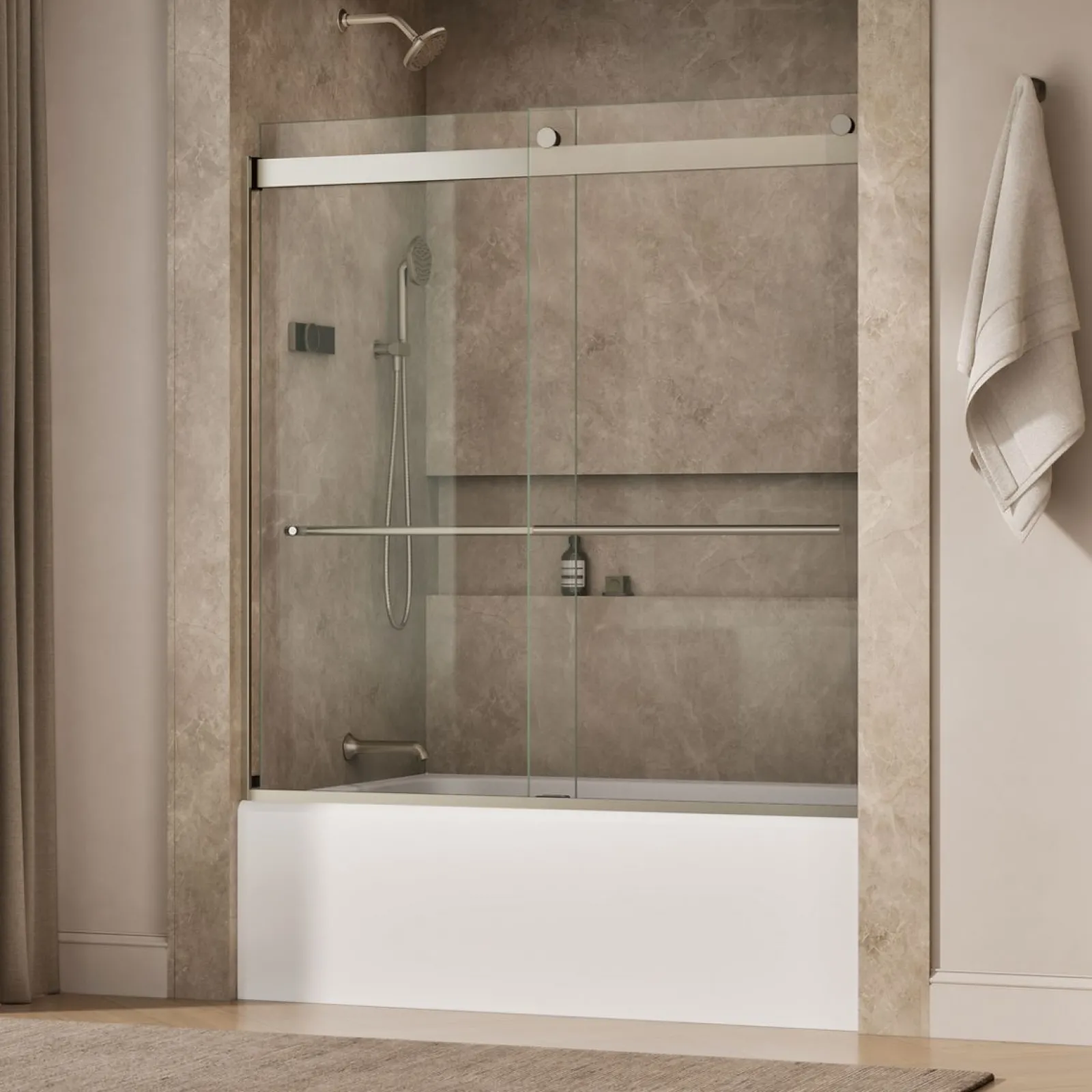 56-5/8"-59-5/8" W x 61.53" H bypass bath door with 5/16"-thick Crystal Clear glass^Kohler Best