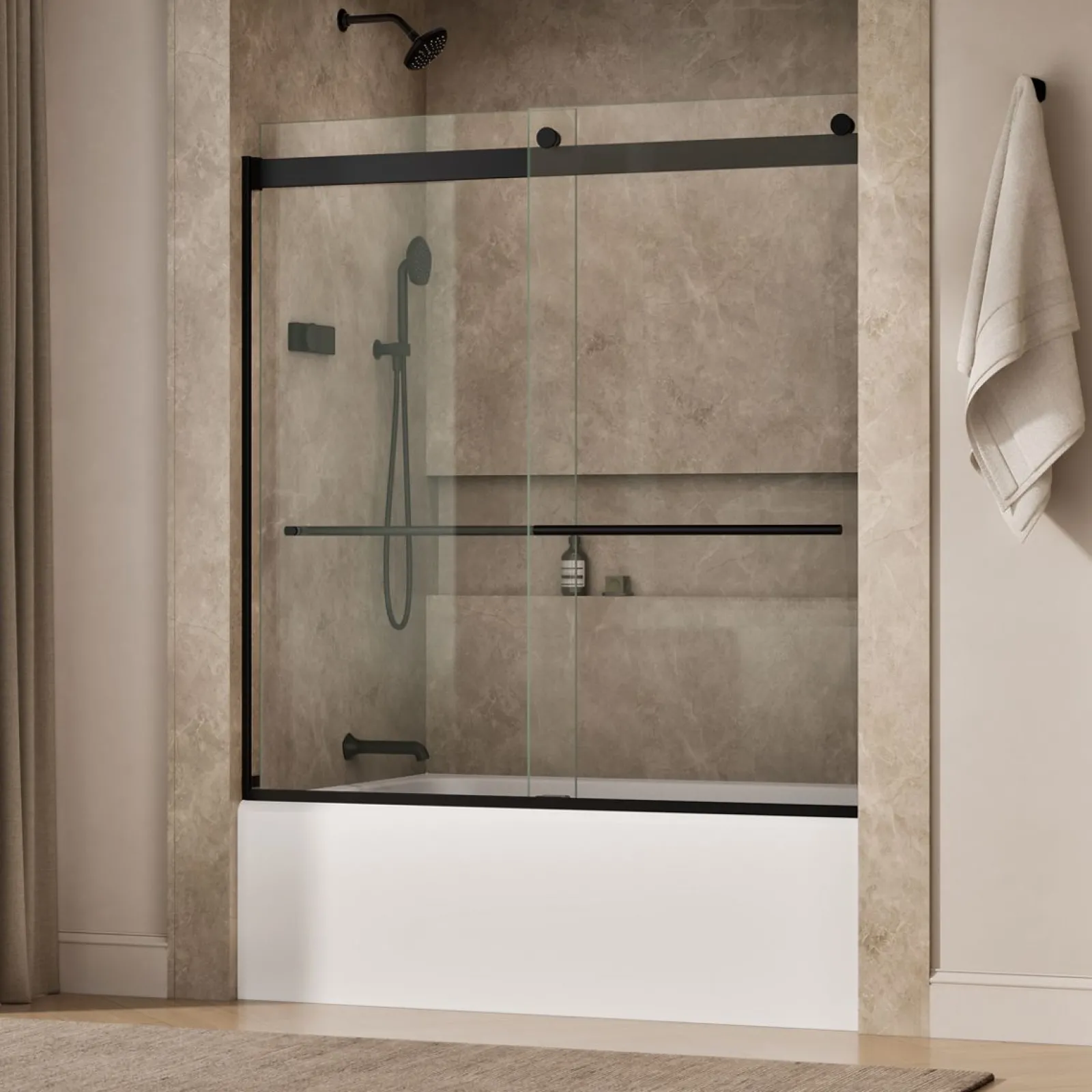 56-5/8"-59-5/8" W x 61.53" H bypass bath door with 5/16"-thick Crystal Clear glass^Kohler Best