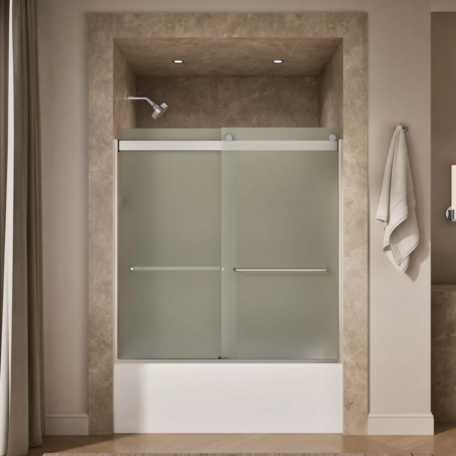 56-5/8"-59-5/8" W x 62" H bypass bath door with 1/4"-thick Frosted glass^Kohler New