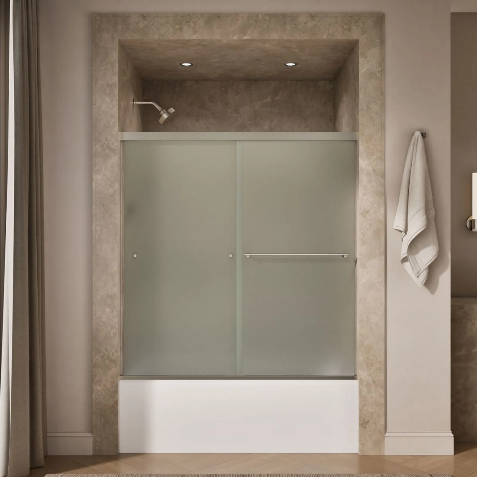 55-5/8"-59-5/8" W x 62" H bypass bath door with 5/16"-thick Frosted glass^Kohler