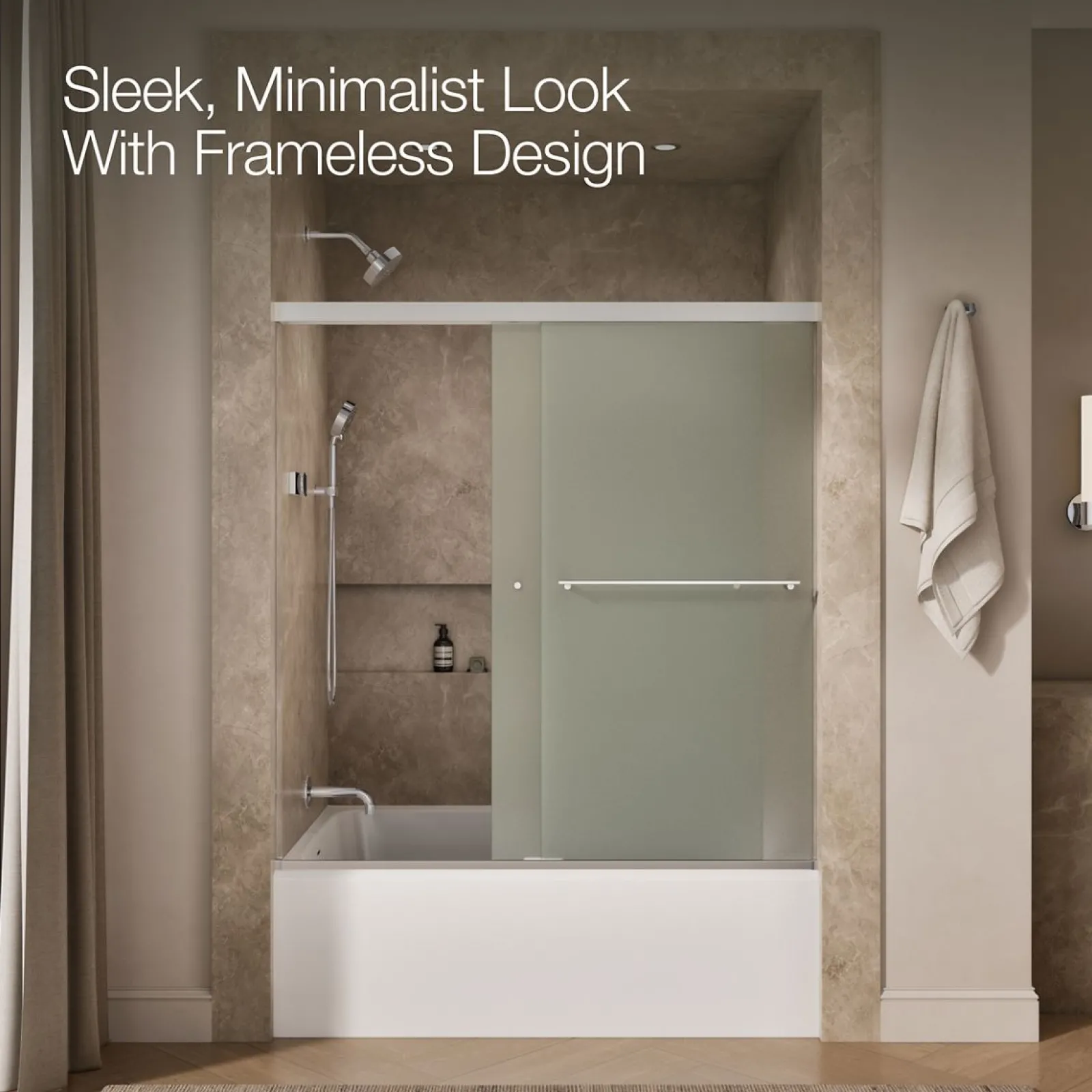 55-5/8"-59-5/8" W x 62" H bypass bath door with 5/16"-thick Frosted glass^Kohler