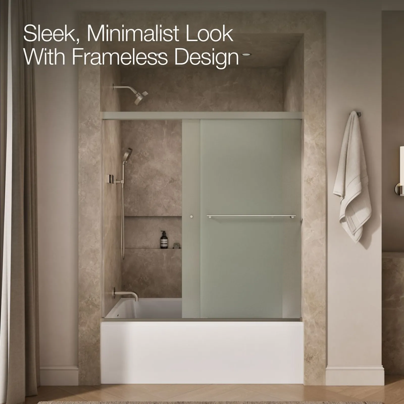 55-5/8"-59-5/8" W x 62" H bypass bath door with 5/16"-thick Frosted glass^Kohler