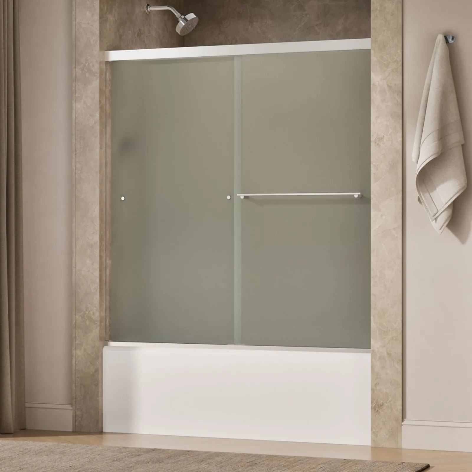 55-5/8"-59-5/8" W x 62" H bypass bath door with 5/16"-thick Frosted glass^Kohler
