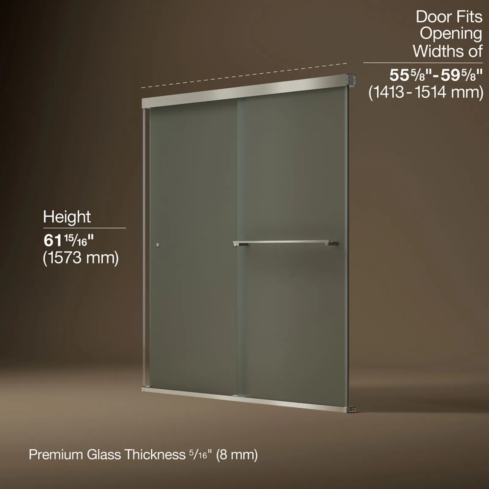 55-5/8"-59-5/8" W x 62" H bypass bath door with 5/16"-thick Frosted glass^Kohler