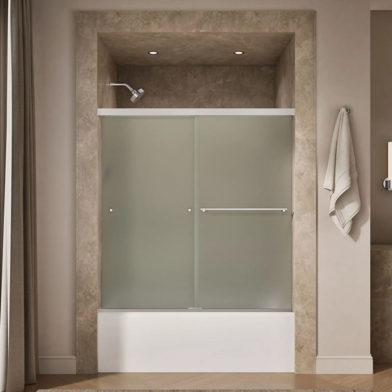 55-5/8"-59-5/8" W x 62" H bypass bath door with 5/16"-thick Frosted glass^Kohler