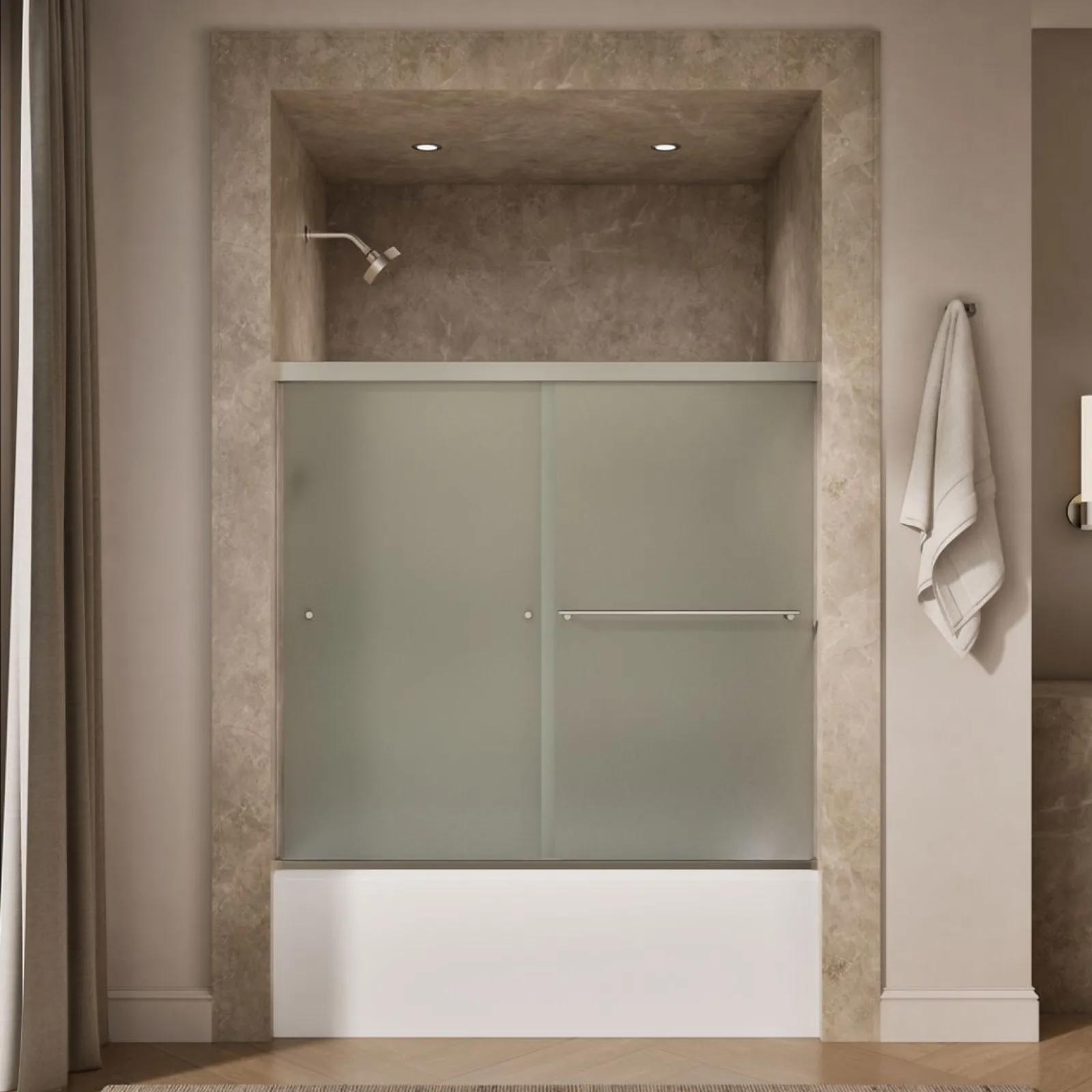 55-5/8"-59-5/8" W x 55-1/2" H bypass bath door with 1/4"-thick Frosted glass^Kohler