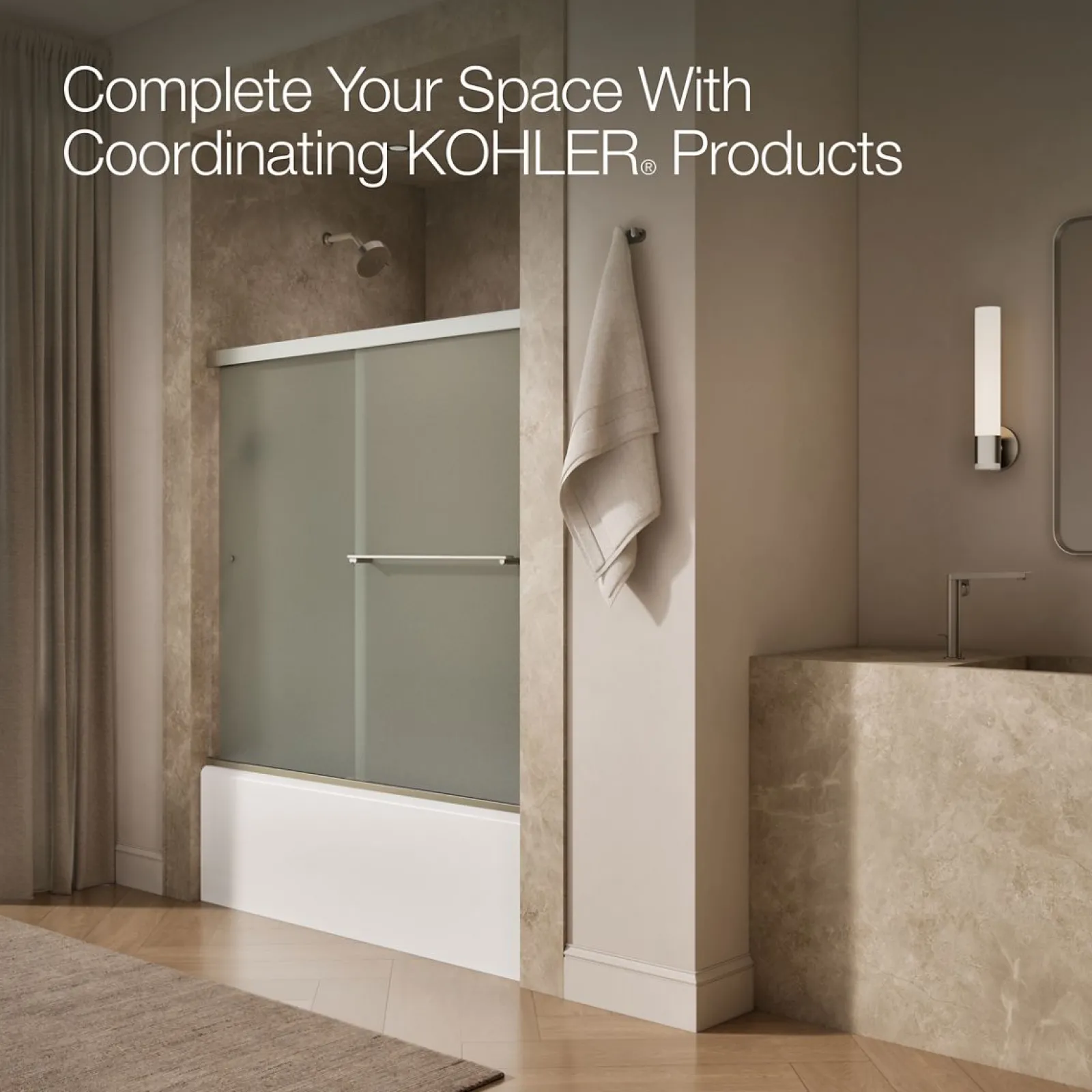 55-5/8"-59-5/8" W x 55-1/2" H bypass bath door with 1/4"-thick Frosted glass^Kohler