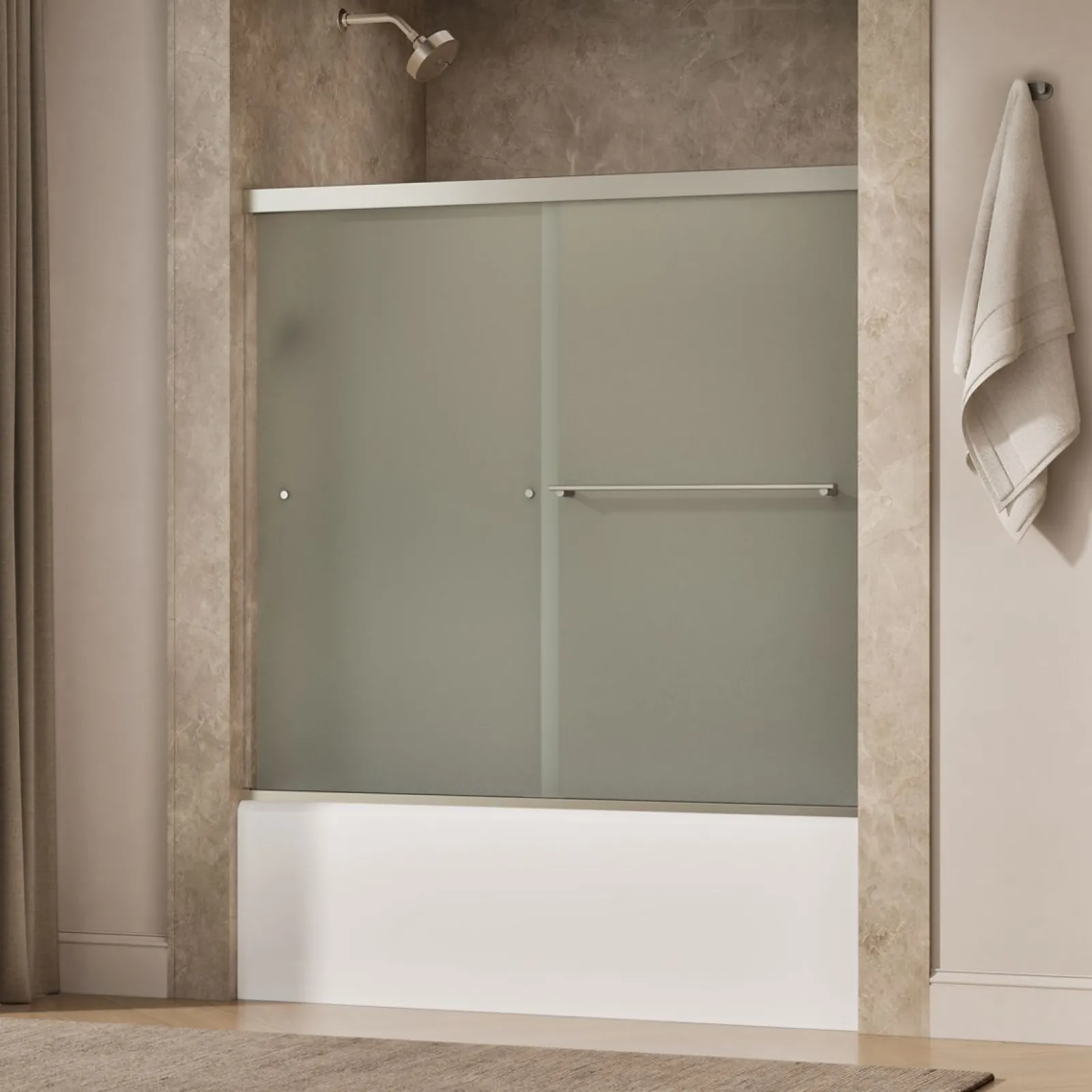 55-5/8"-59-5/8" W x 55-1/2" H bypass bath door with 1/4"-thick Frosted glass^Kohler