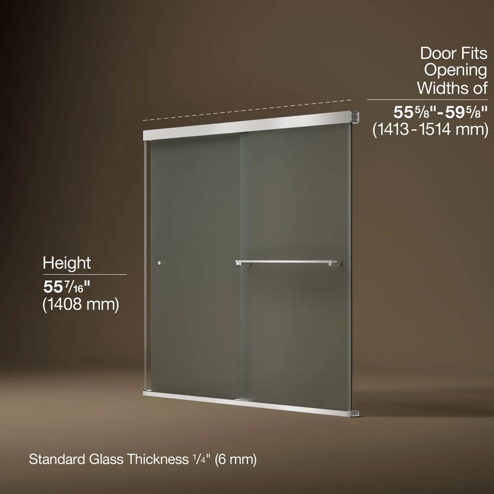 55-5/8"-59-5/8" W x 55-1/2" H bypass bath door with 1/4"-thick Frosted glass^Kohler