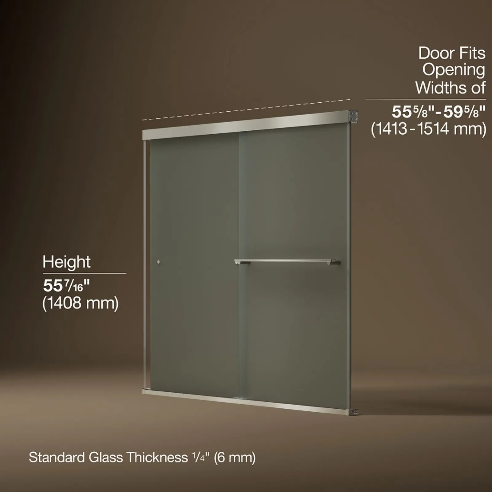 55-5/8"-59-5/8" W x 55-1/2" H bypass bath door with 1/4"-thick Frosted glass^Kohler