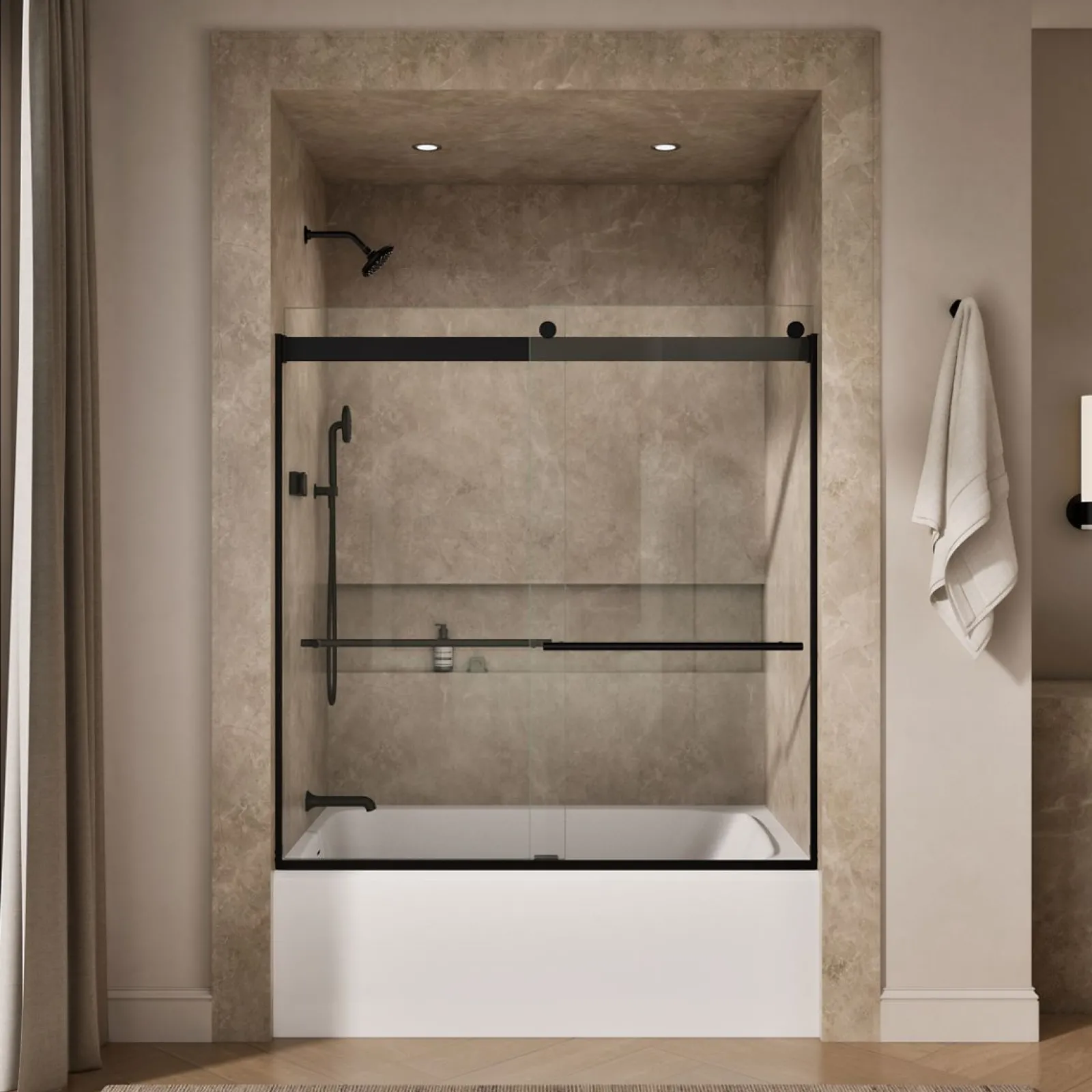 56-5/8"-59-5/8" W x 61.53" H bypass bath door with 3/8"-thick Crystal Clear glass^Kohler Hot