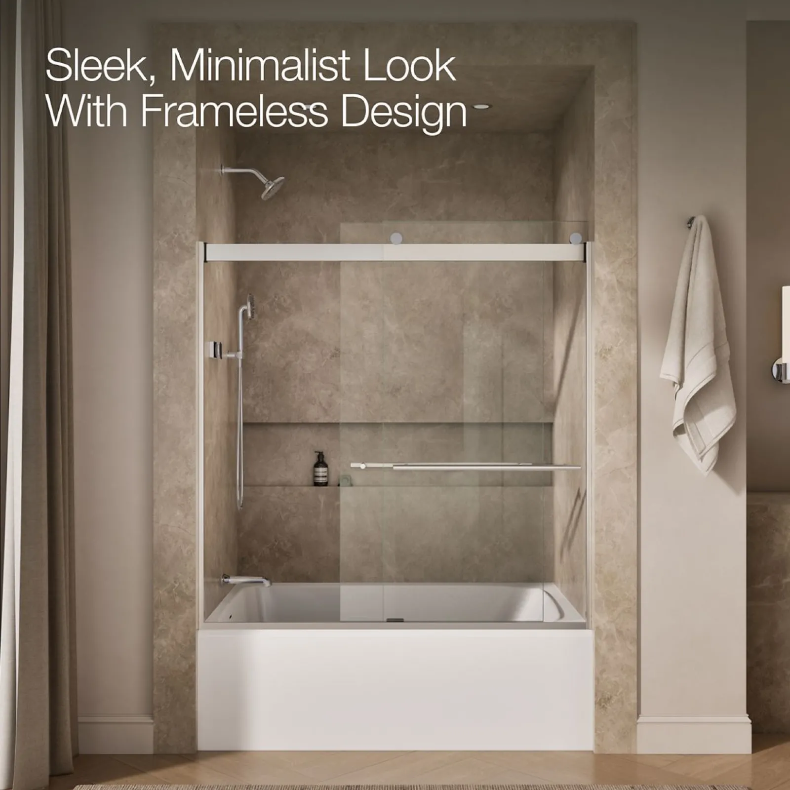 56-5/8"-59-5/8" W x 61.53" H bypass bath door with 3/8"-thick Crystal Clear glass^Kohler Hot