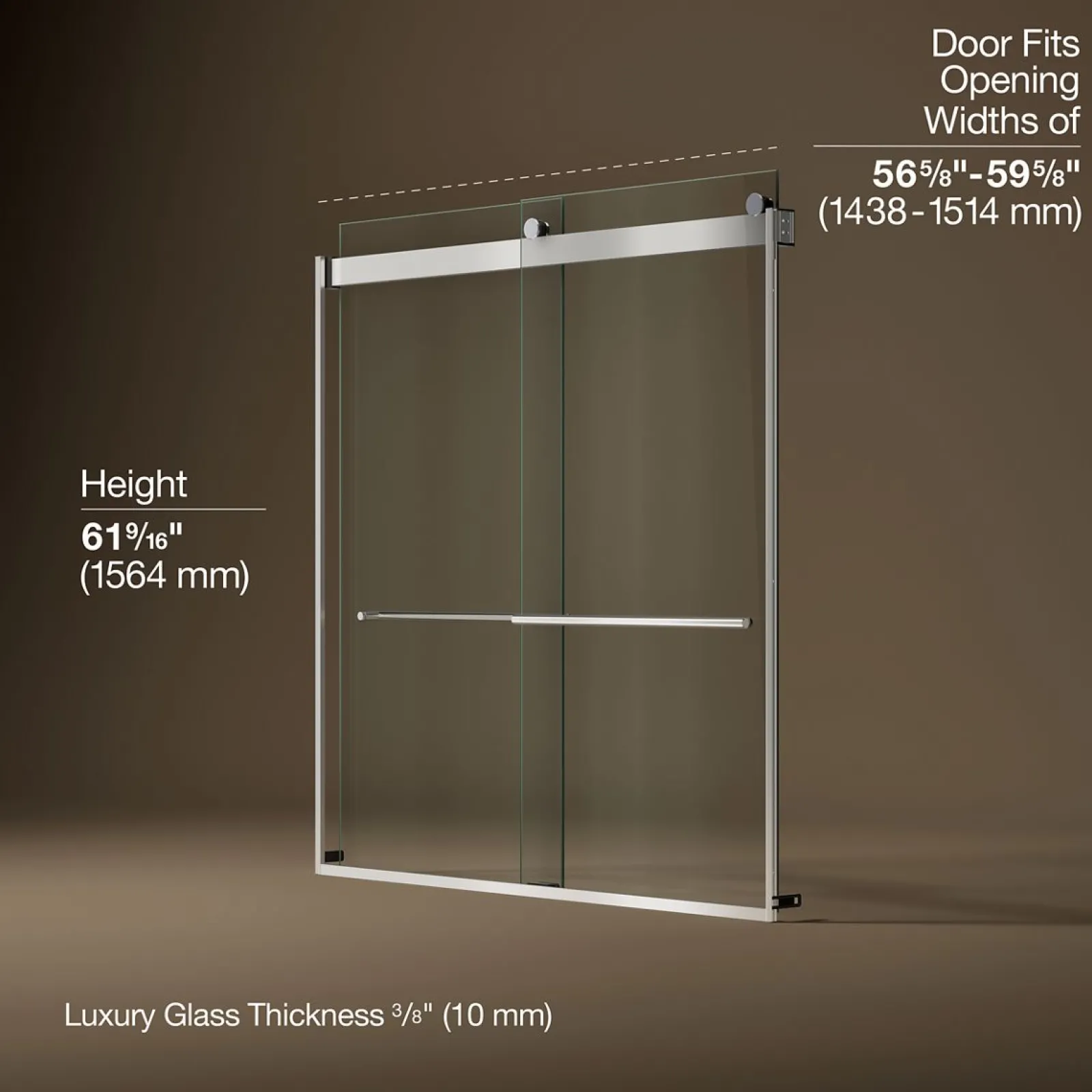 56-5/8"-59-5/8" W x 61.53" H bypass bath door with 3/8"-thick Crystal Clear glass^Kohler Hot