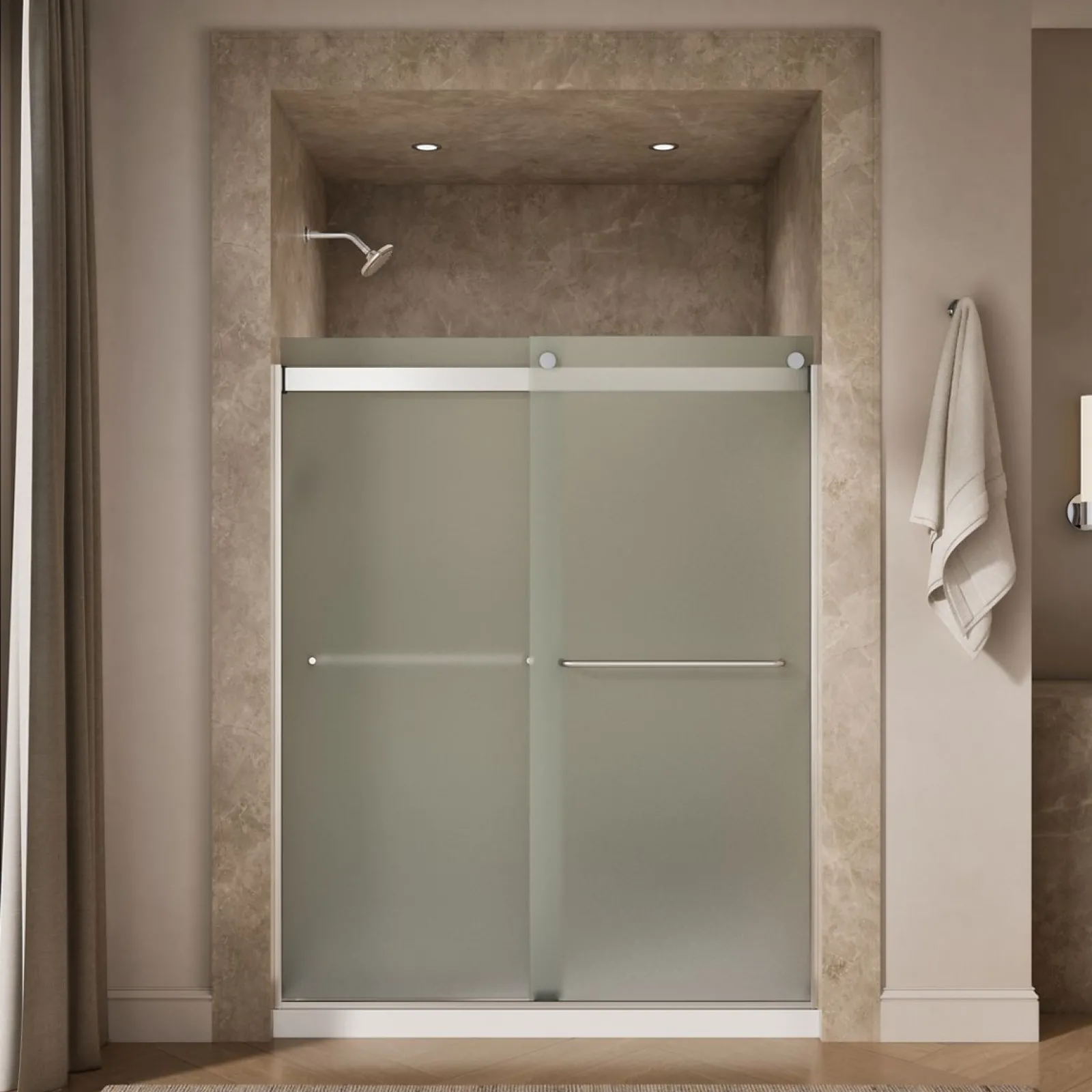 56-5/8"-59-5/8" W x 74" H bypass shower door with 1/4"-thick Frosted glass^Kohler