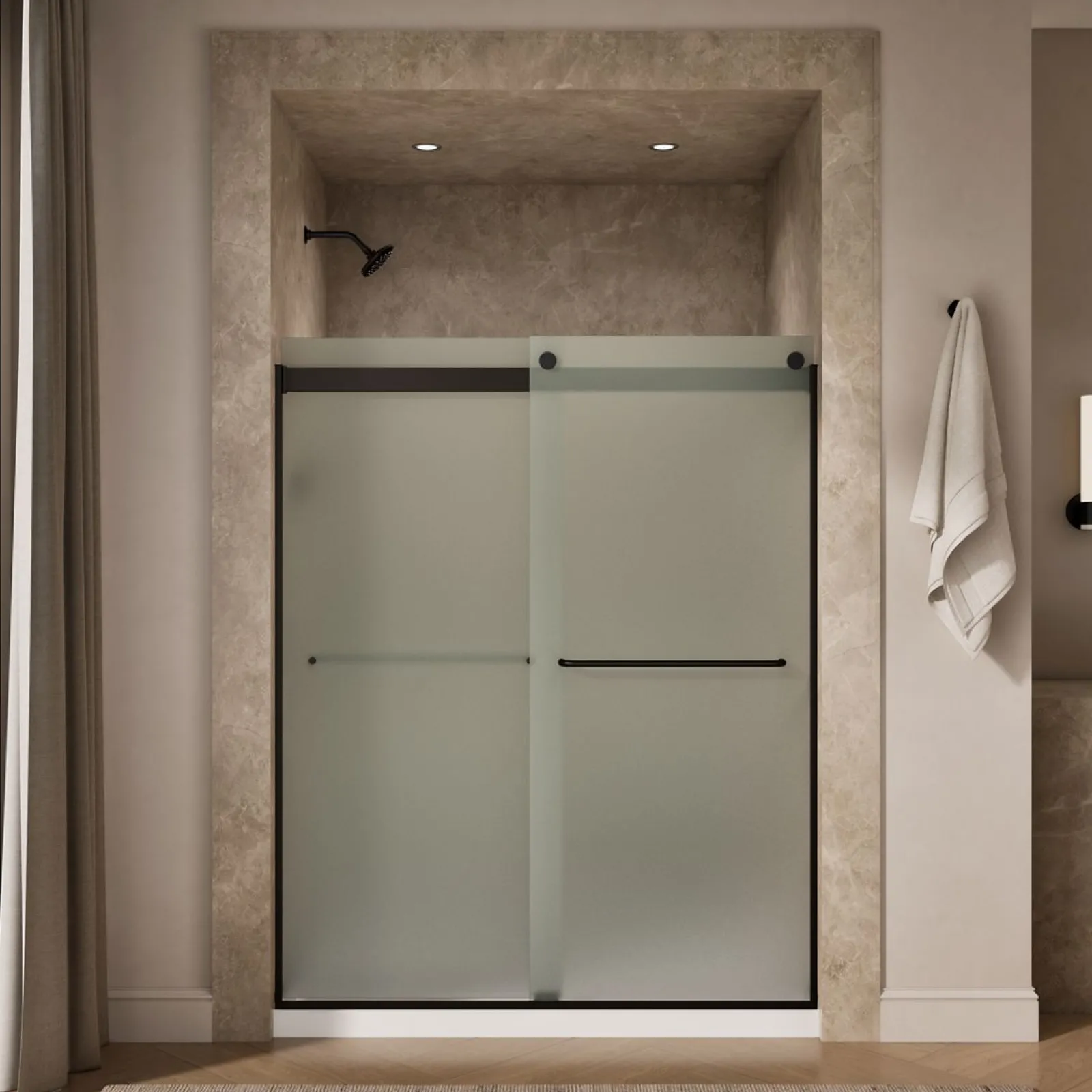 56-5/8"-59-5/8" W x 74" H bypass shower door with 1/4"-thick Frosted glass^Kohler