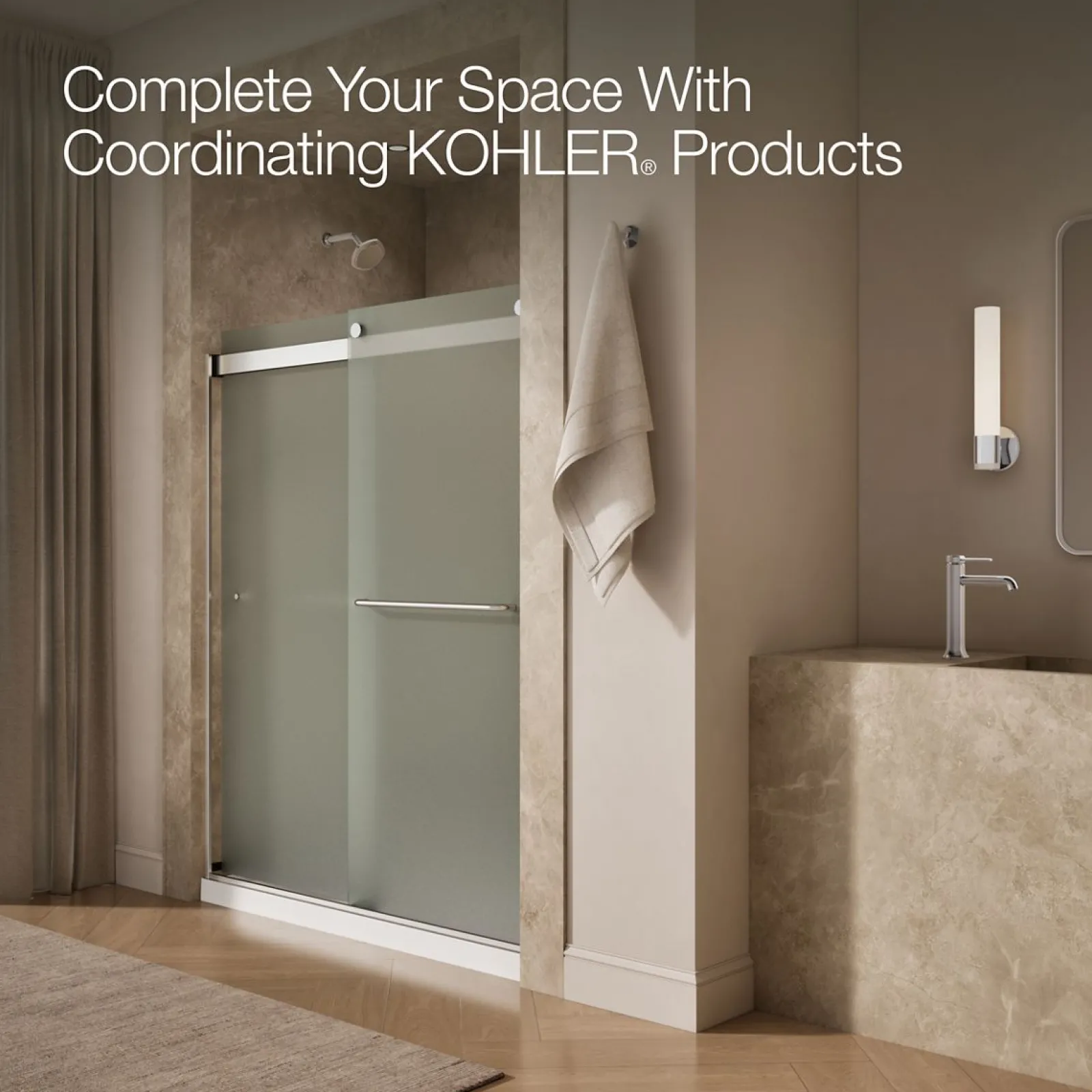 56-5/8"-59-5/8" W x 74" H bypass shower door with 1/4"-thick Frosted glass^Kohler