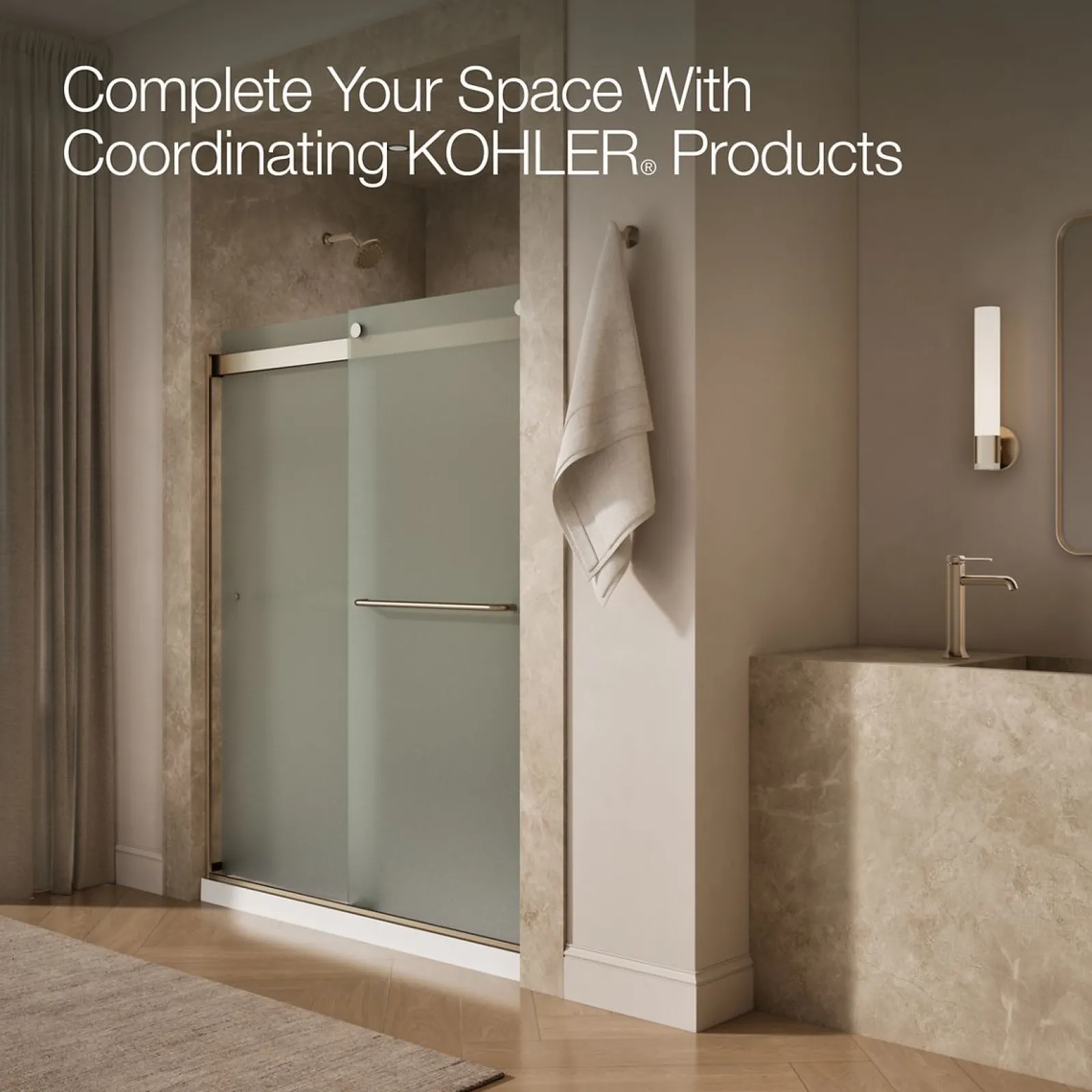 56-5/8"-59-5/8" W x 74" H bypass shower door with 1/4"-thick Frosted glass^Kohler