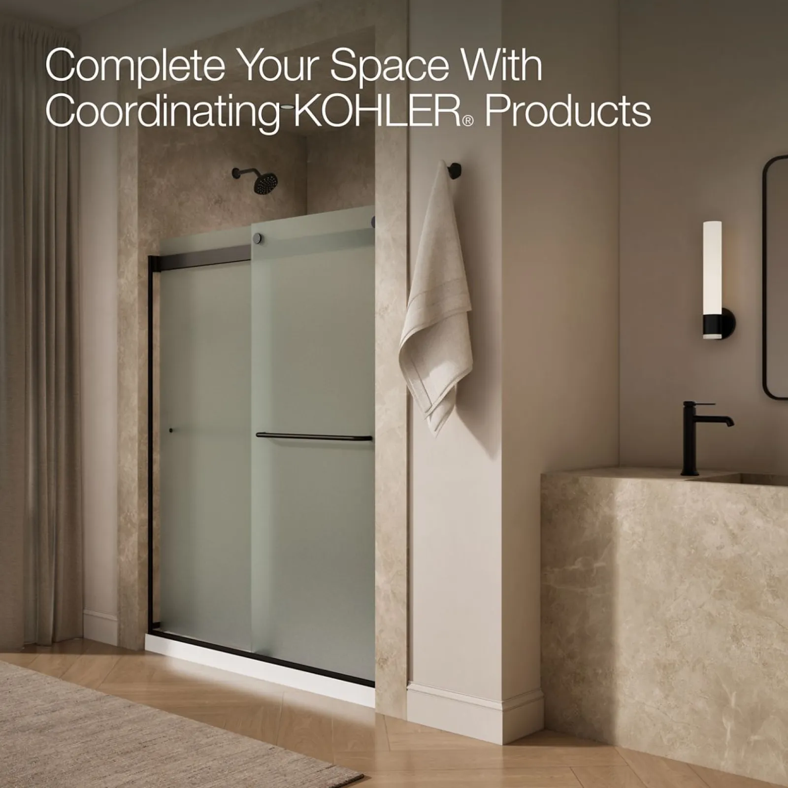 56-5/8"-59-5/8" W x 74" H bypass shower door with 1/4"-thick Frosted glass^Kohler