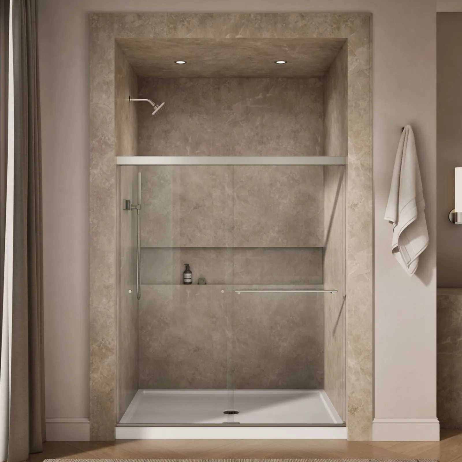 55-5/8"-59-5/8" W x 70" H bypass shower door with 5/16"-thick Crystal Clear glass^Kohler Clearance