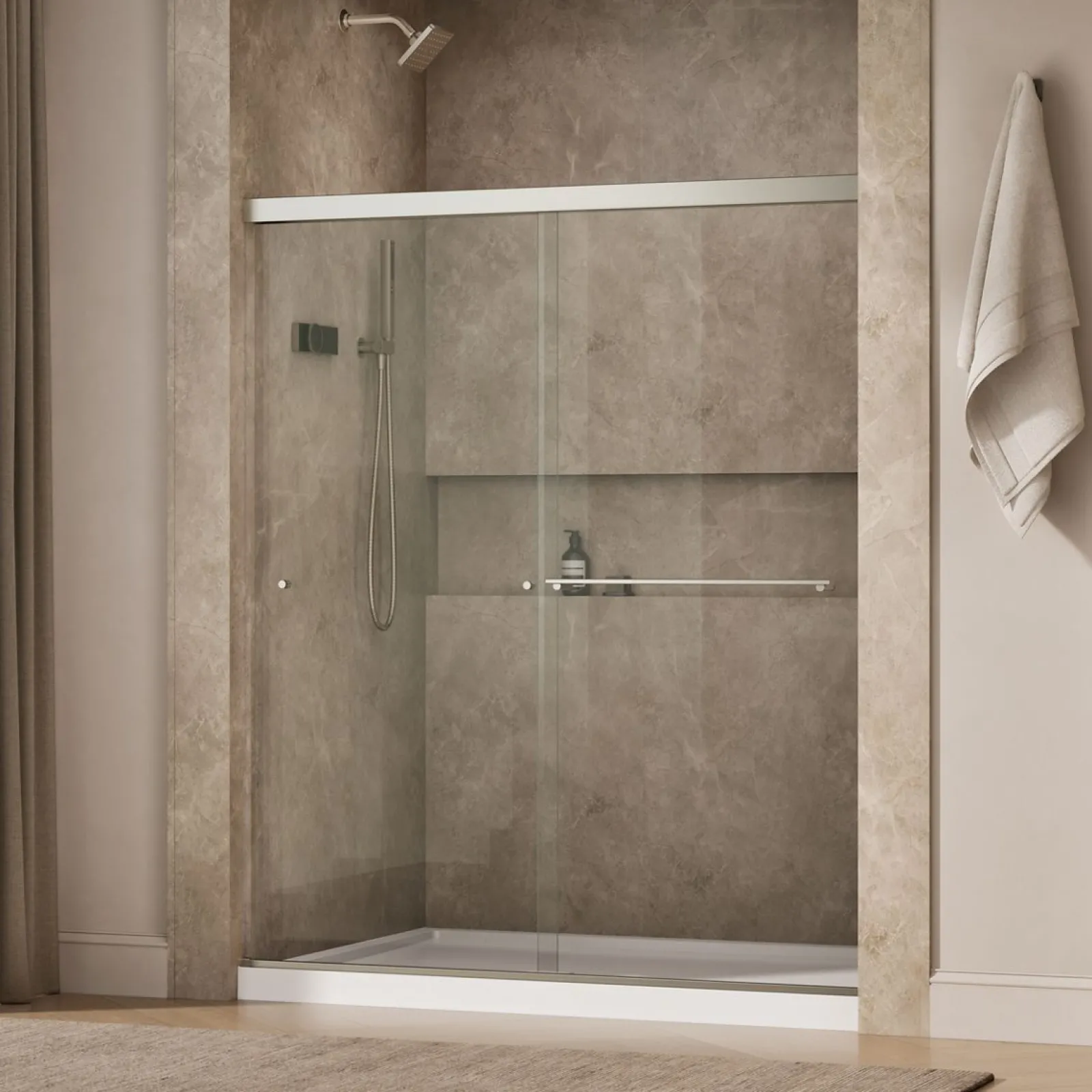 55-5/8"-59-5/8" W x 70" H bypass shower door with 5/16"-thick Crystal Clear glass^Kohler Clearance