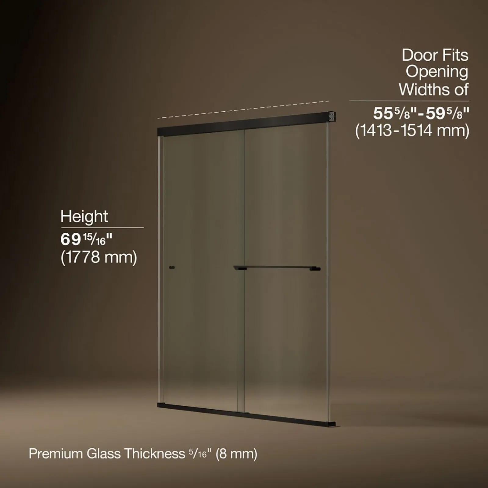 55-5/8"-59-5/8" W x 70" H bypass shower door with 5/16"-thick Crystal Clear glass^Kohler Clearance