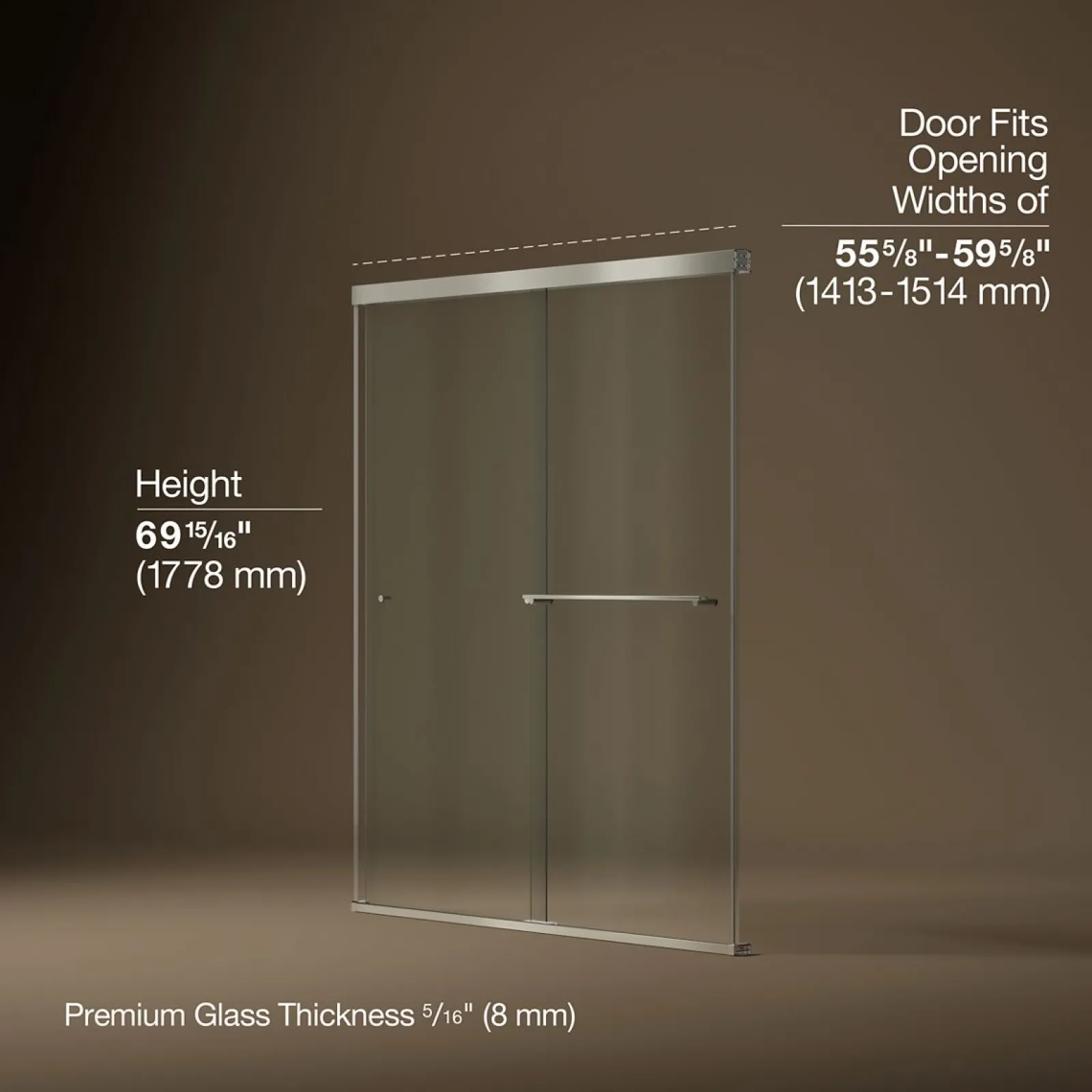 55-5/8"-59-5/8" W x 70" H bypass shower door with 5/16"-thick Crystal Clear glass^Kohler Clearance