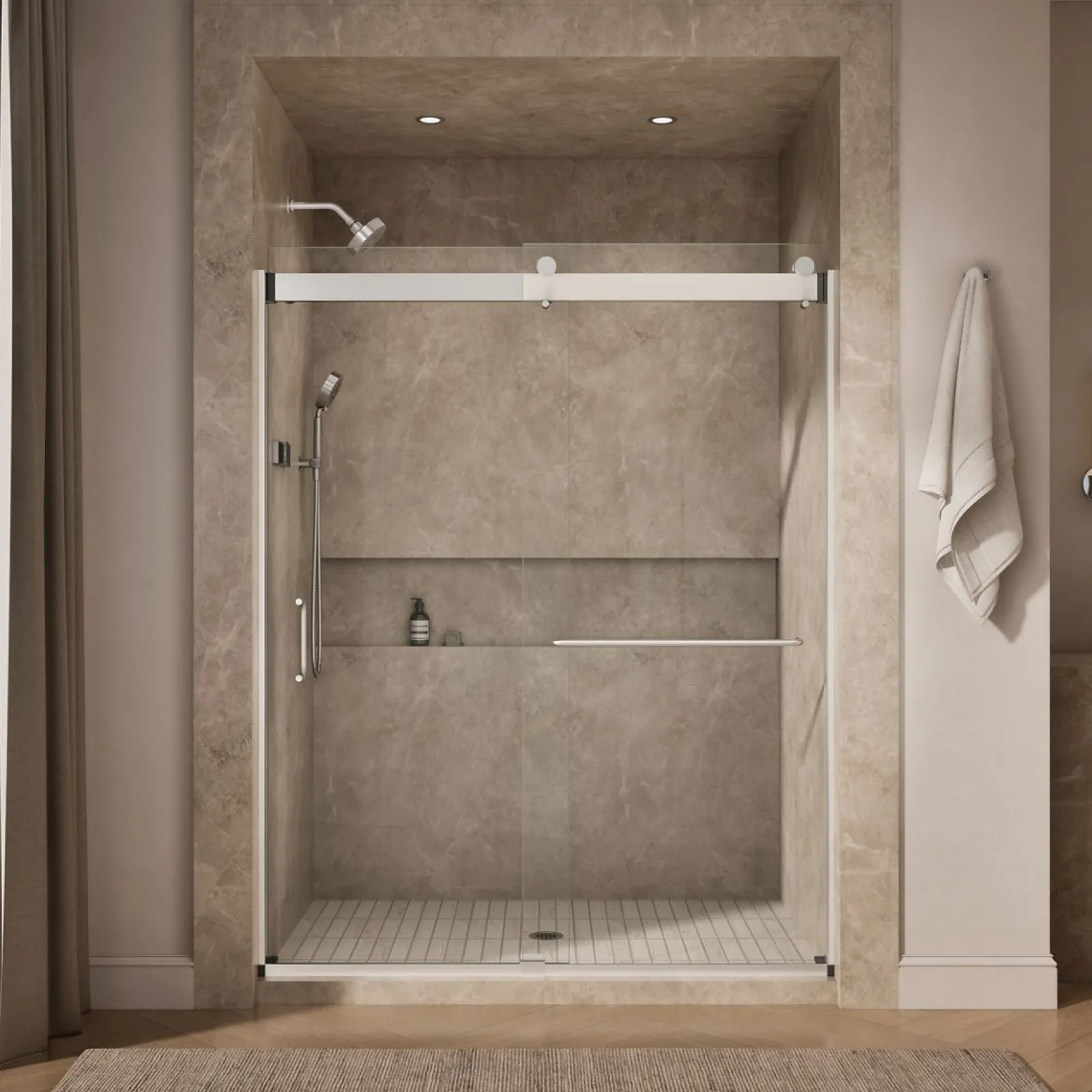 60"-66" W x 80-1/4" H bypass shower door with 3/8"-thick Crystal Clear glass^Kohler New