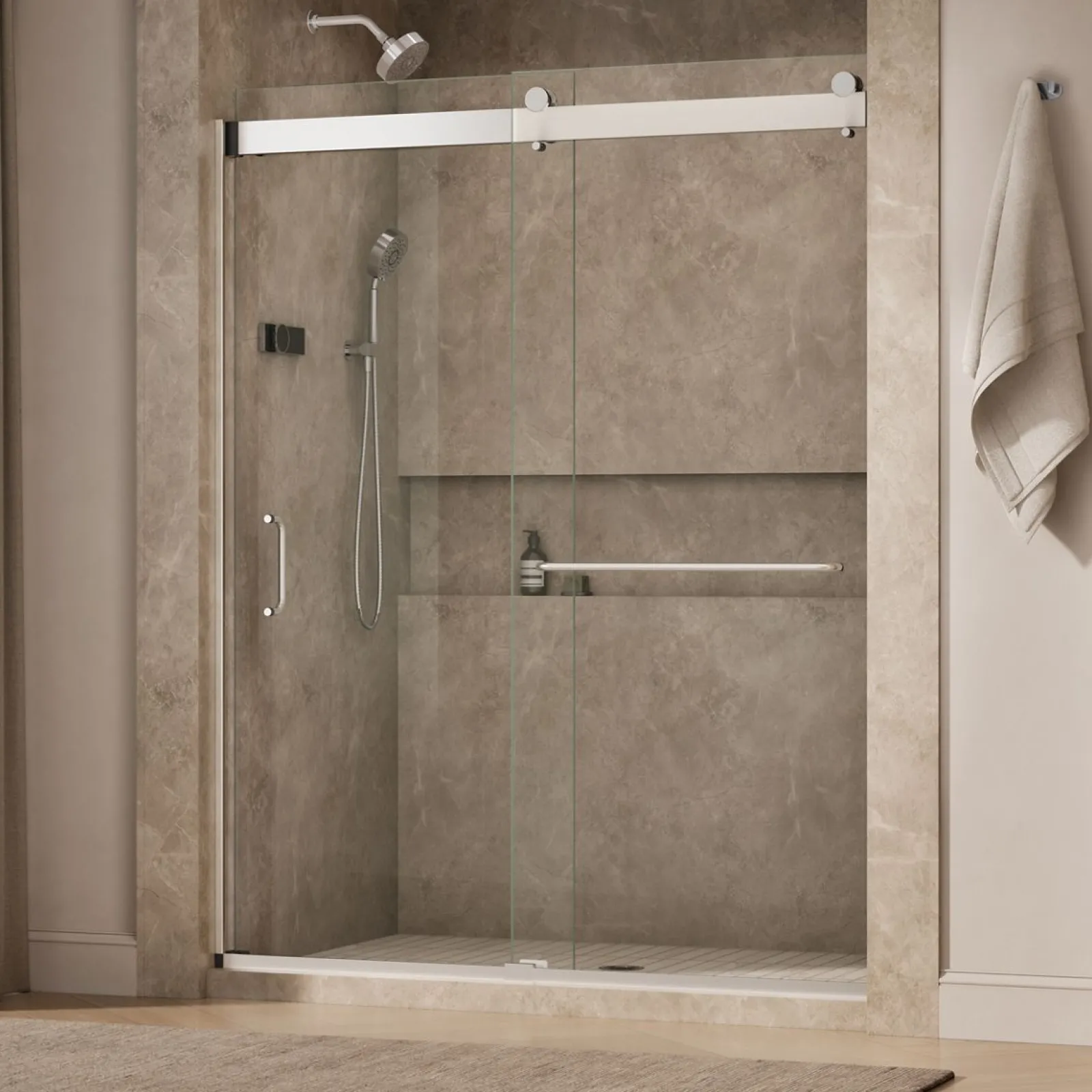 60"-66" W x 80-1/4" H bypass shower door with 3/8"-thick Crystal Clear glass^Kohler New