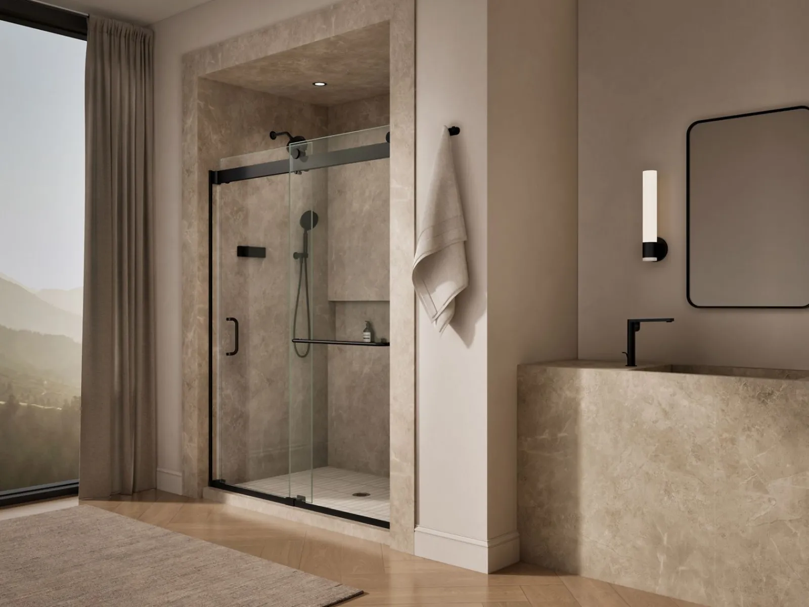 60"-66" W x 80-1/4" H bypass shower door with 3/8"-thick Crystal Clear glass^Kohler New