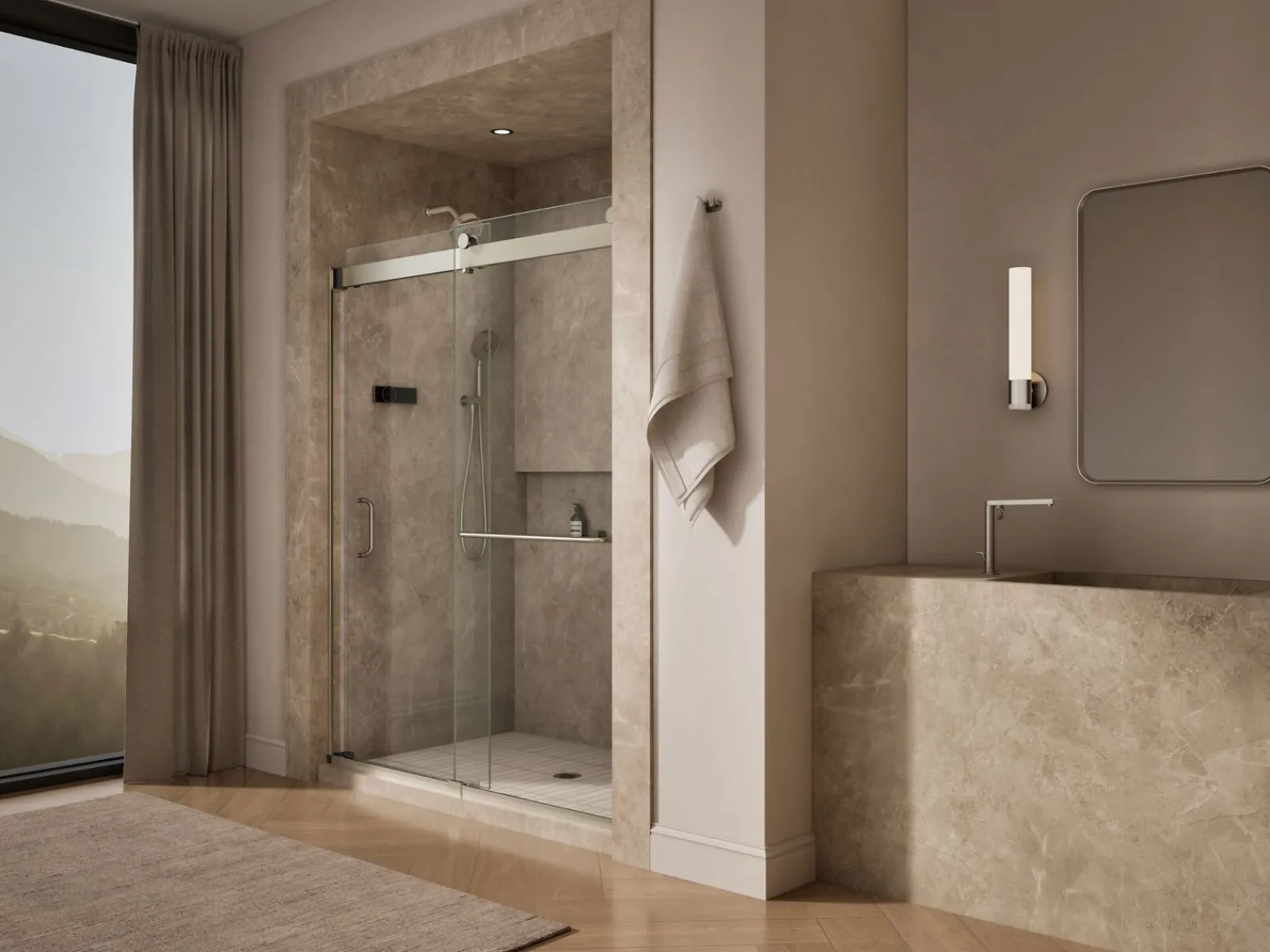 60"-66" W x 80-1/4" H bypass shower door with 3/8"-thick Crystal Clear glass^Kohler New
