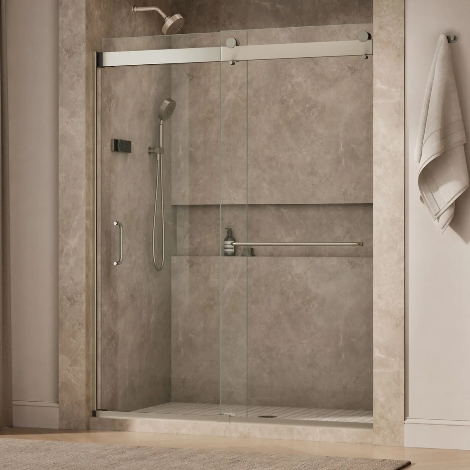 60"-66" W x 80-1/4" H bypass shower door with 3/8"-thick Crystal Clear glass^Kohler New