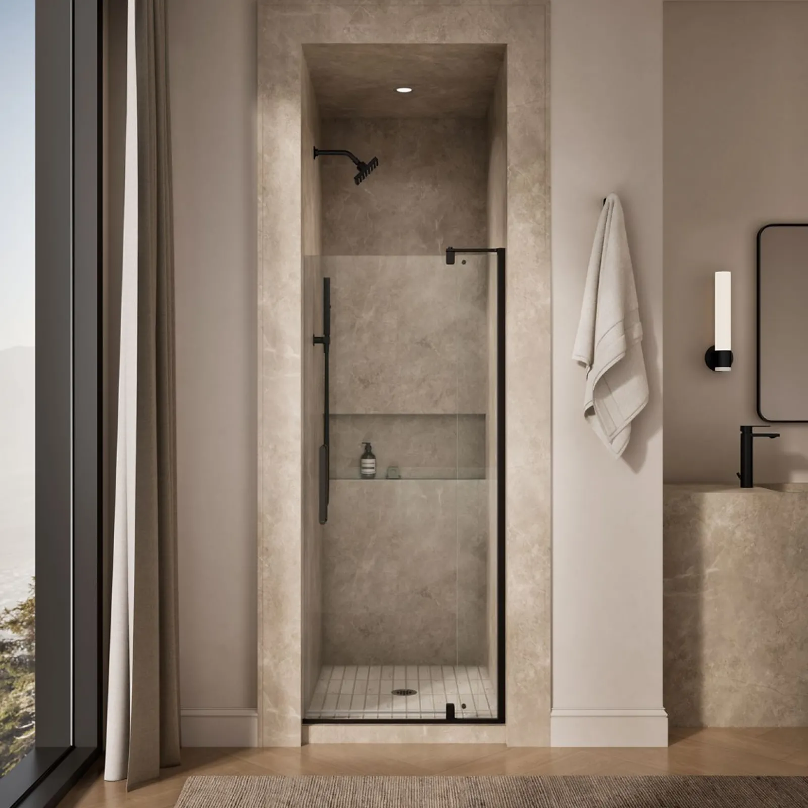 27-5/16"-31-1/8" W x 70" H pivot shower door with 1/4"-thick Crystal Clear glass^Kohler Hot