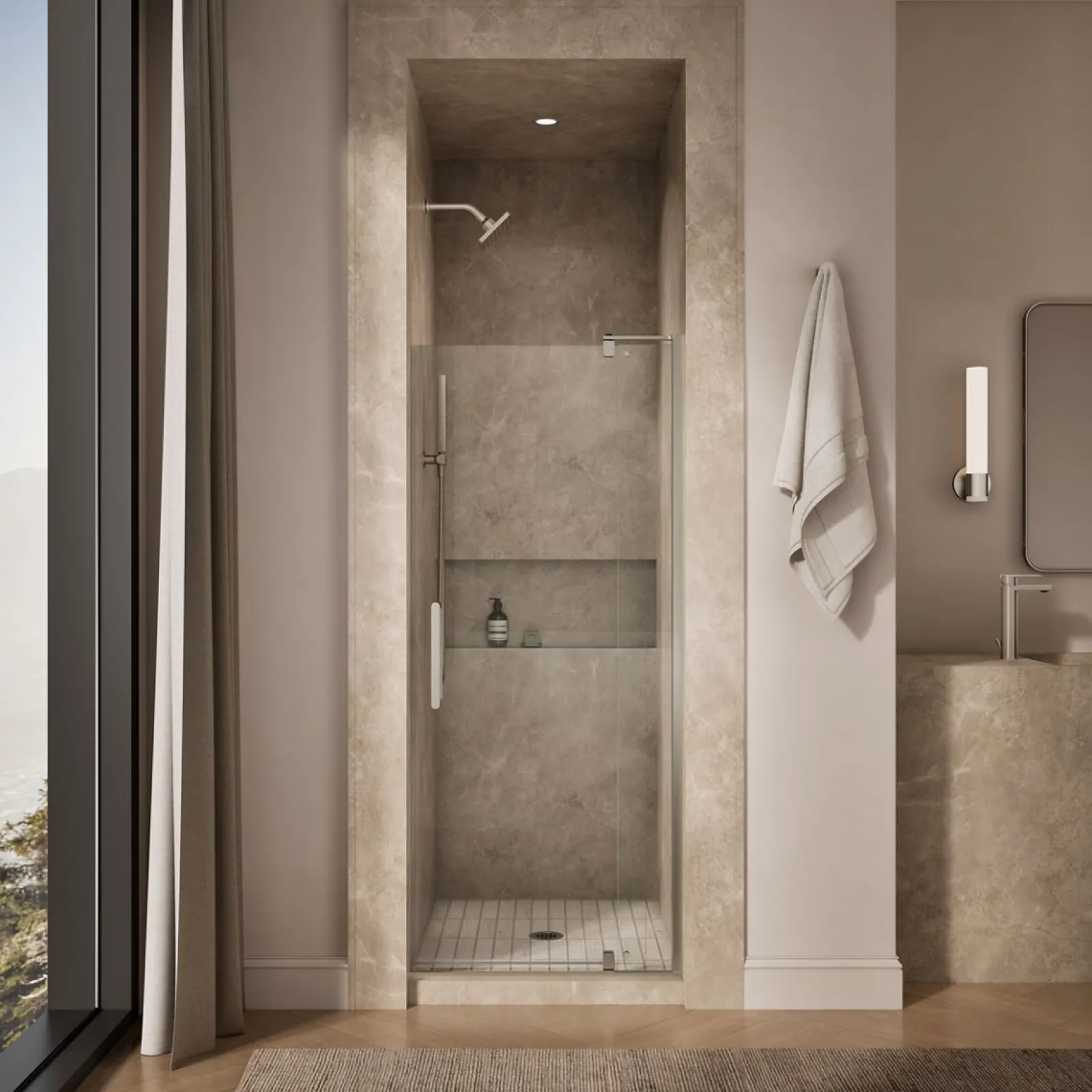 27-5/16"-31-1/8" W x 70" H pivot shower door with 1/4"-thick Crystal Clear glass^Kohler Hot