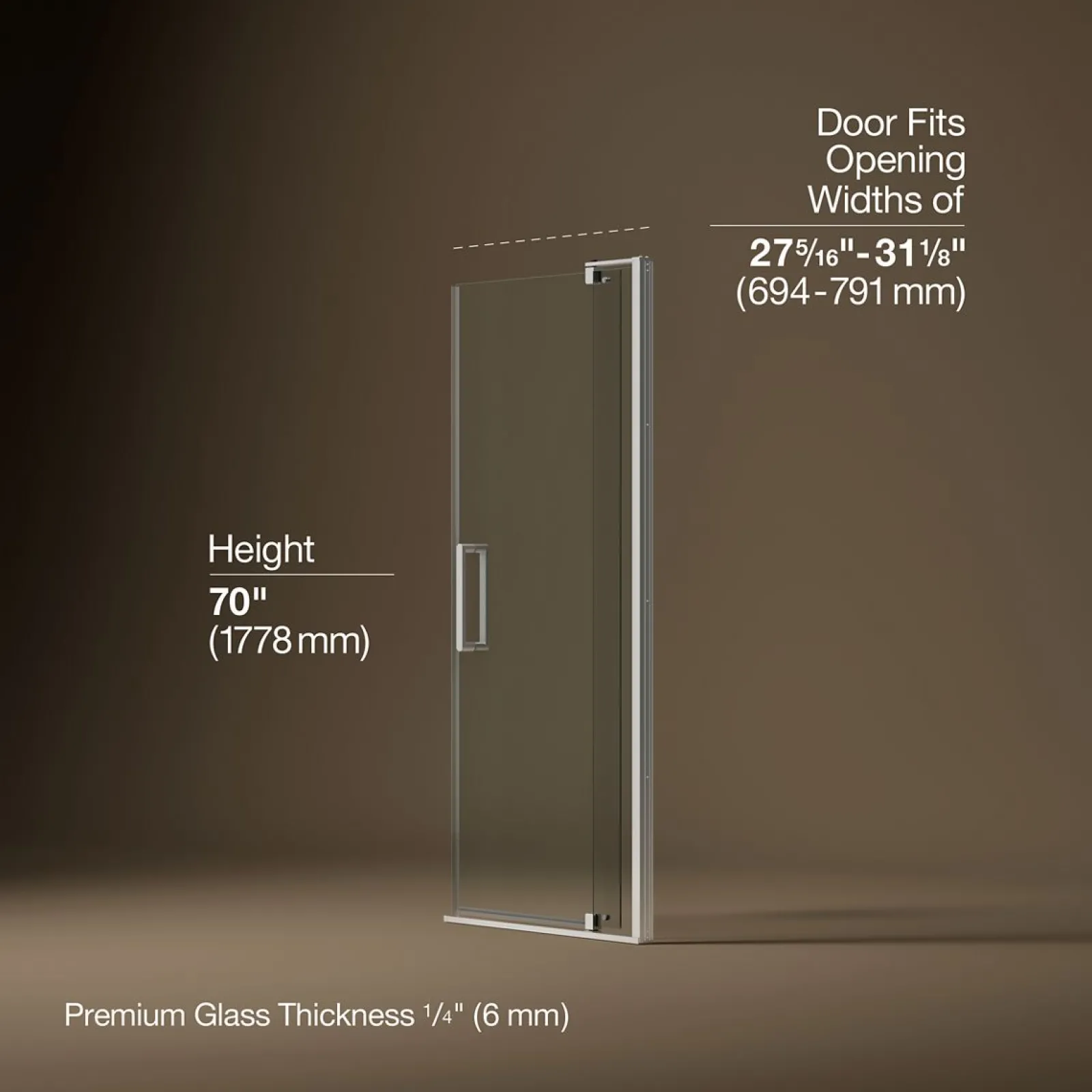 27-5/16"-31-1/8" W x 70" H pivot shower door with 1/4"-thick Crystal Clear glass^Kohler Hot