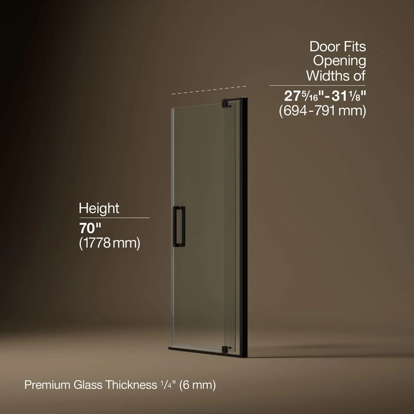 27-5/16"-31-1/8" W x 70" H pivot shower door with 1/4"-thick Crystal Clear glass^Kohler Hot