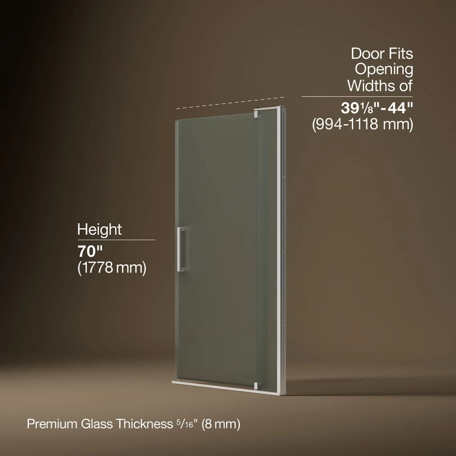 39-1/8"-44" W x 70" H pivot shower door with 5/16"-thick Frosted glass^Kohler Best