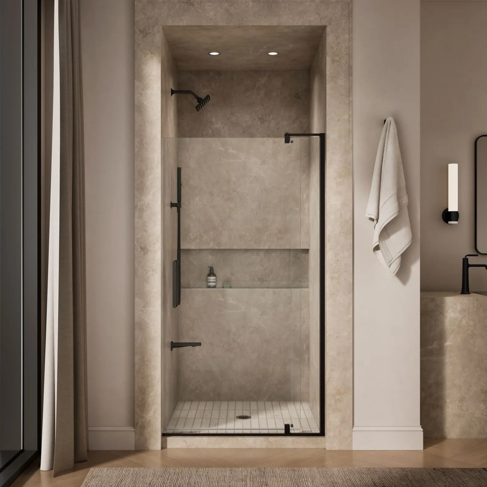 39-1/8"-44" W x 74" H pivot shower door with 5/16"-thick Crystal Clear glass^Kohler Clearance
