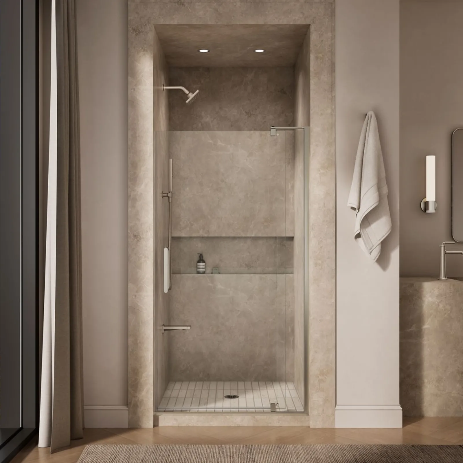 39-1/8"-44" W x 74" H pivot shower door with 5/16"-thick Crystal Clear glass^Kohler Clearance