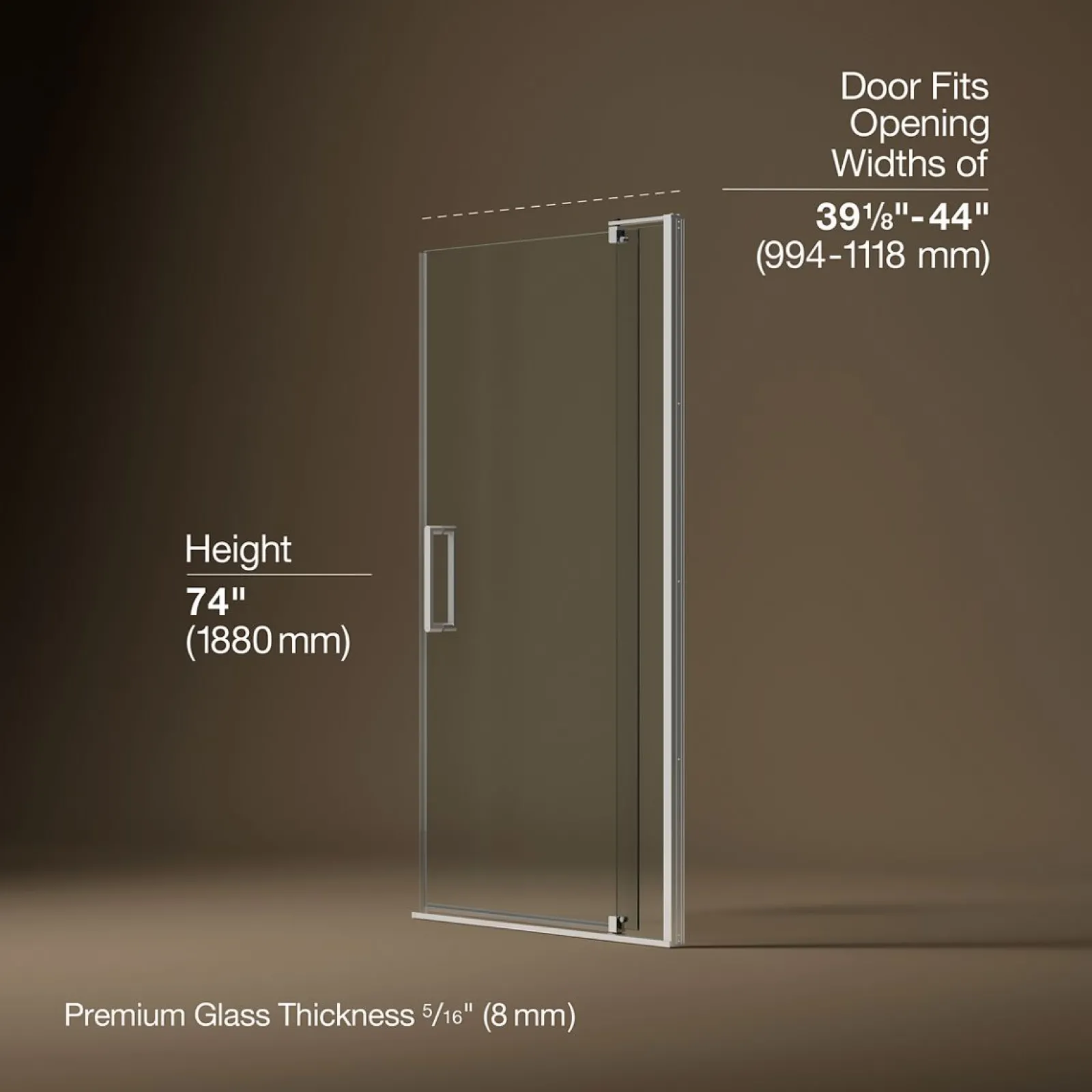 39-1/8"-44" W x 74" H pivot shower door with 5/16"-thick Crystal Clear glass^Kohler Clearance