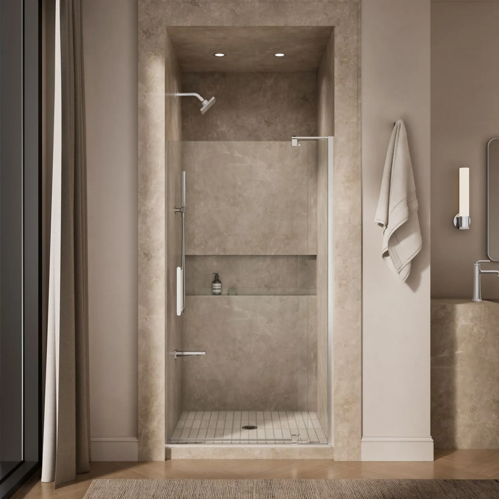 39-1/8"-44" W x 74" H pivot shower door with 5/16"-thick Crystal Clear glass^Kohler Clearance
