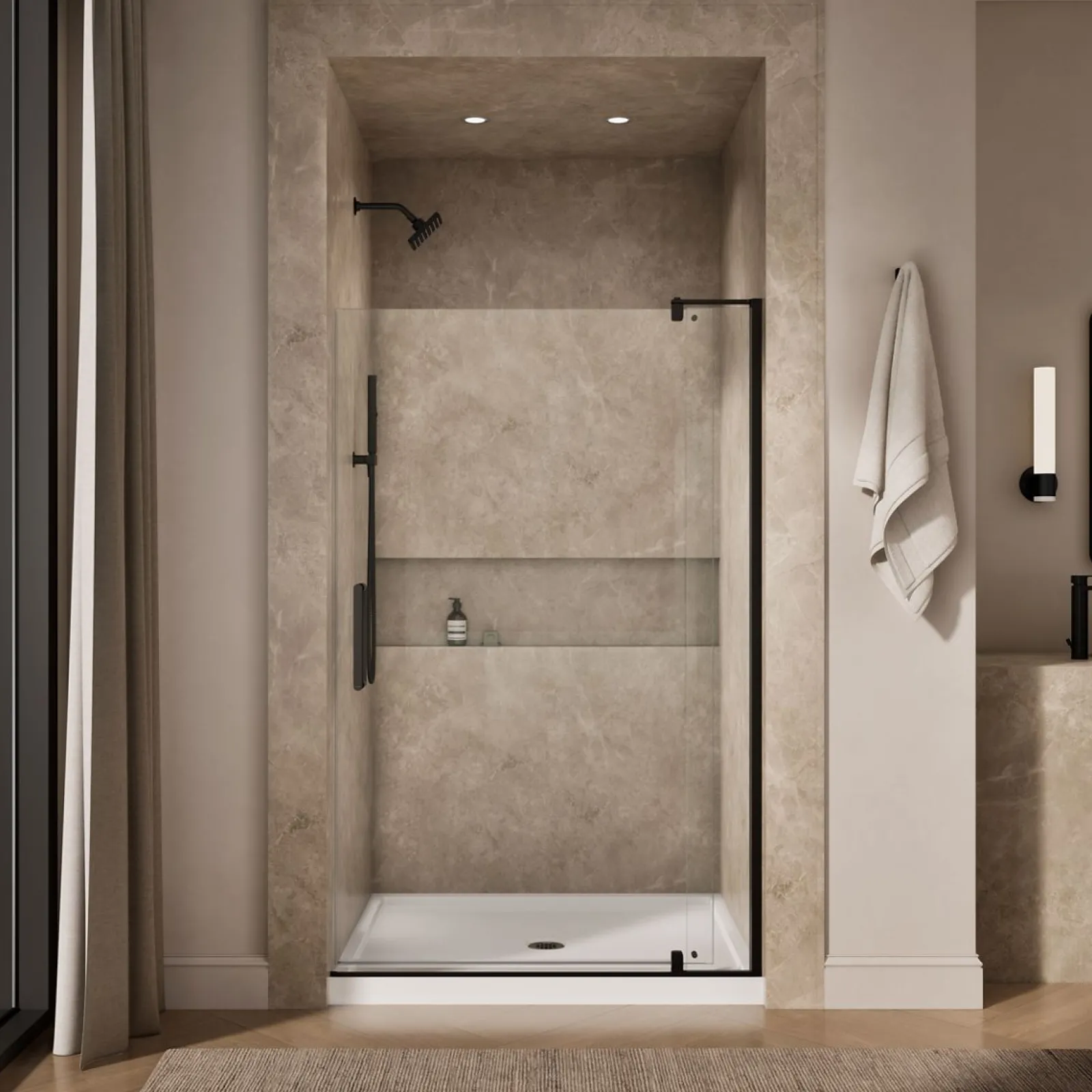 43-1/8"-48" W x 74" H pivot shower door with 5/16"-thick Crystal Clear glass^Kohler New