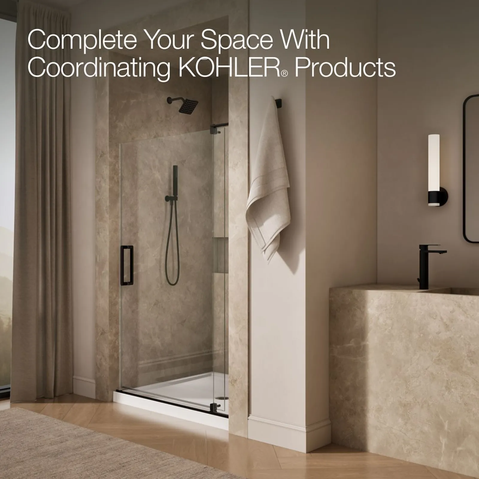 43-1/8"-48" W x 74" H pivot shower door with 5/16"-thick Crystal Clear glass^Kohler New