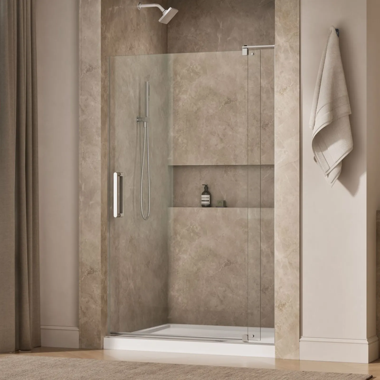 43-1/8"-48" W x 74" H pivot shower door with 5/16"-thick Crystal Clear glass^Kohler New