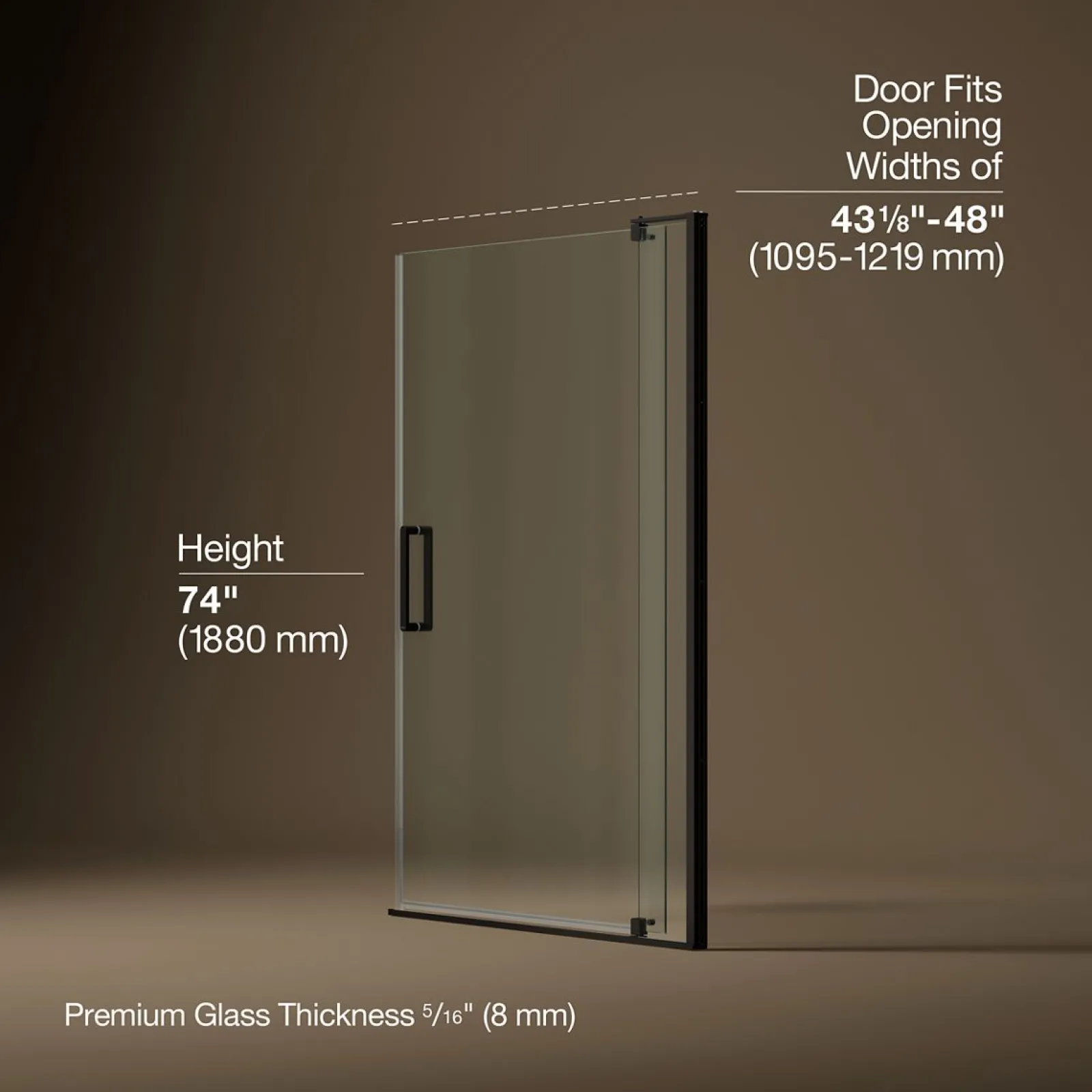 43-1/8"-48" W x 74" H pivot shower door with 5/16"-thick Crystal Clear glass^Kohler New